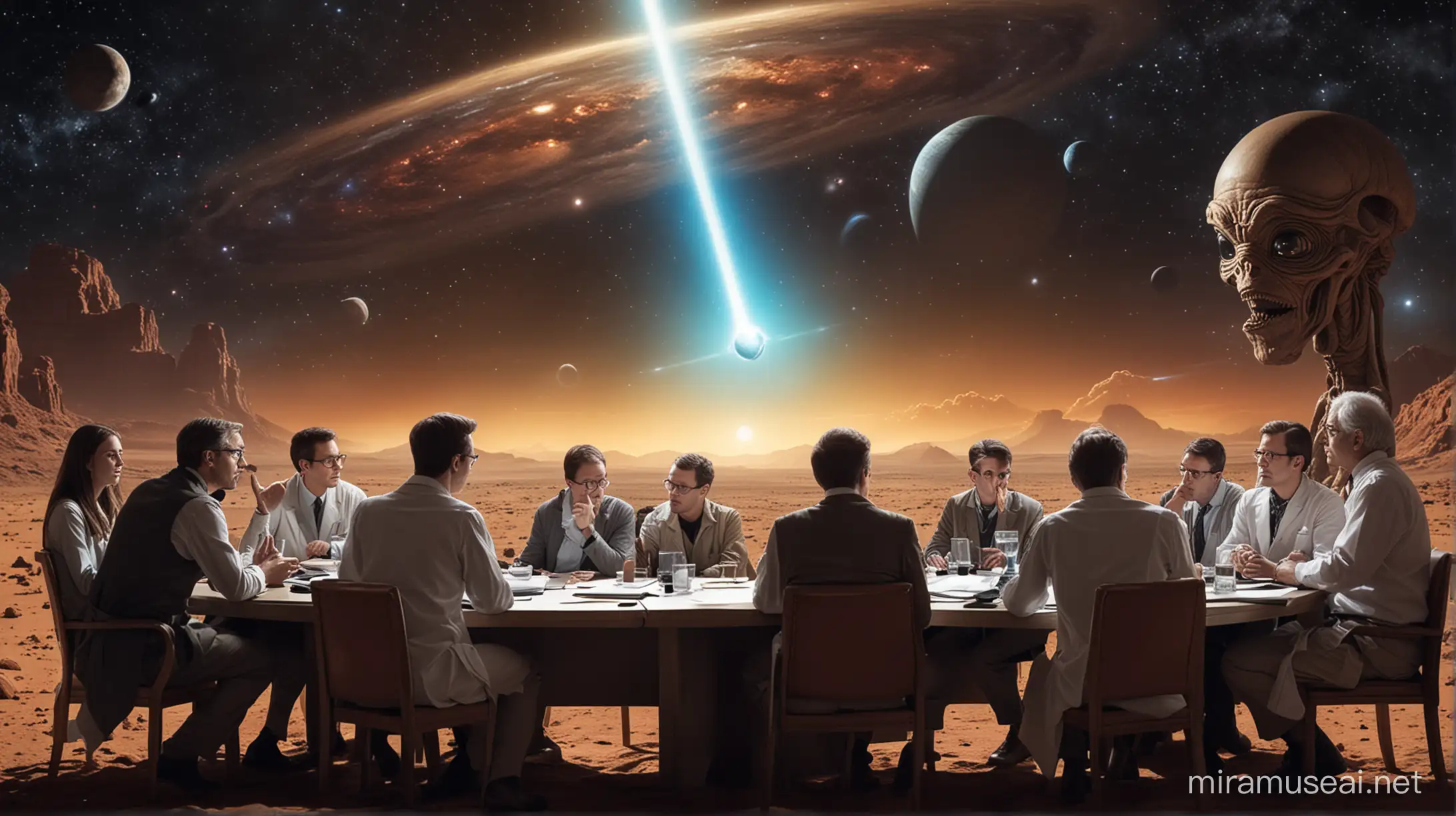 Illustrate a group of scientists engaged in a heated debate, with some passionately advocating for the theory that the signal originated from an alien civilization attempting to make contact. Show contrasting expressions among the scientists, ranging from skepticism to intrigue, as they discuss the implications of this extraordinary possibility. Let the image convey the tension and excitement in the air as they grapple with the profound implications of the extraterrestrial hypothesis.