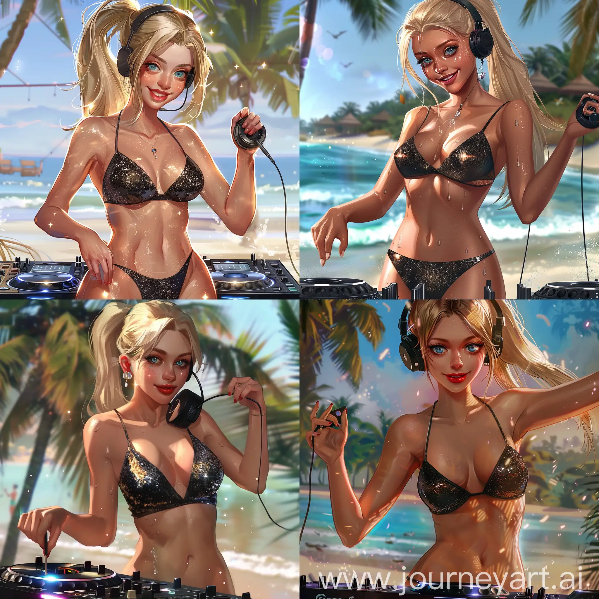 blond woman DJ mixing at beach party  ,sweet look , happy expression, cute, sweet pose , sparkling black bikini  , small stud earrings , blue eyes, ponytail ,  headphone  , red lips , tropical beach background , full-body photo ,super-detailed, hyper-realistic 

