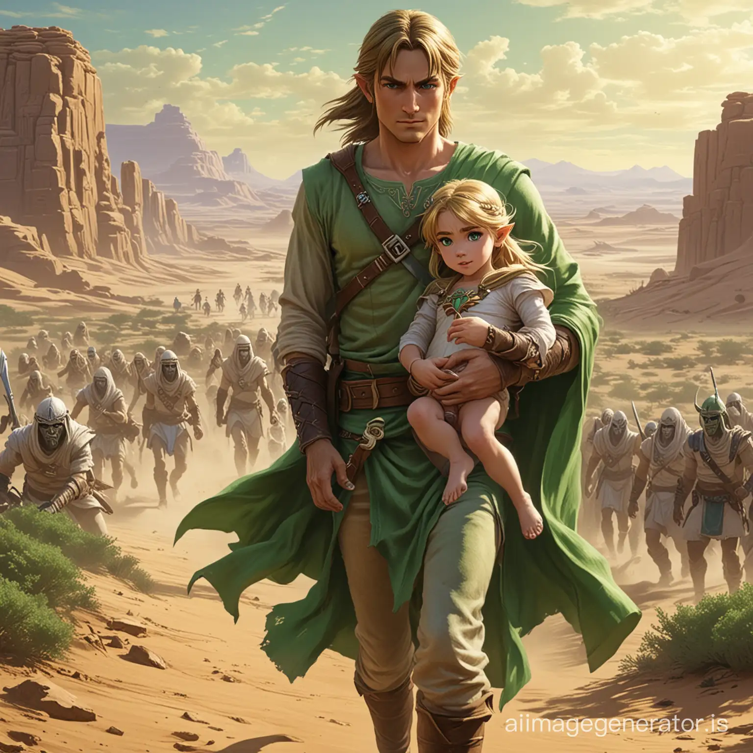 Link clad in green tunic, carrying naked Princess Zelda in his arms through the desert, while being chased by mummies.