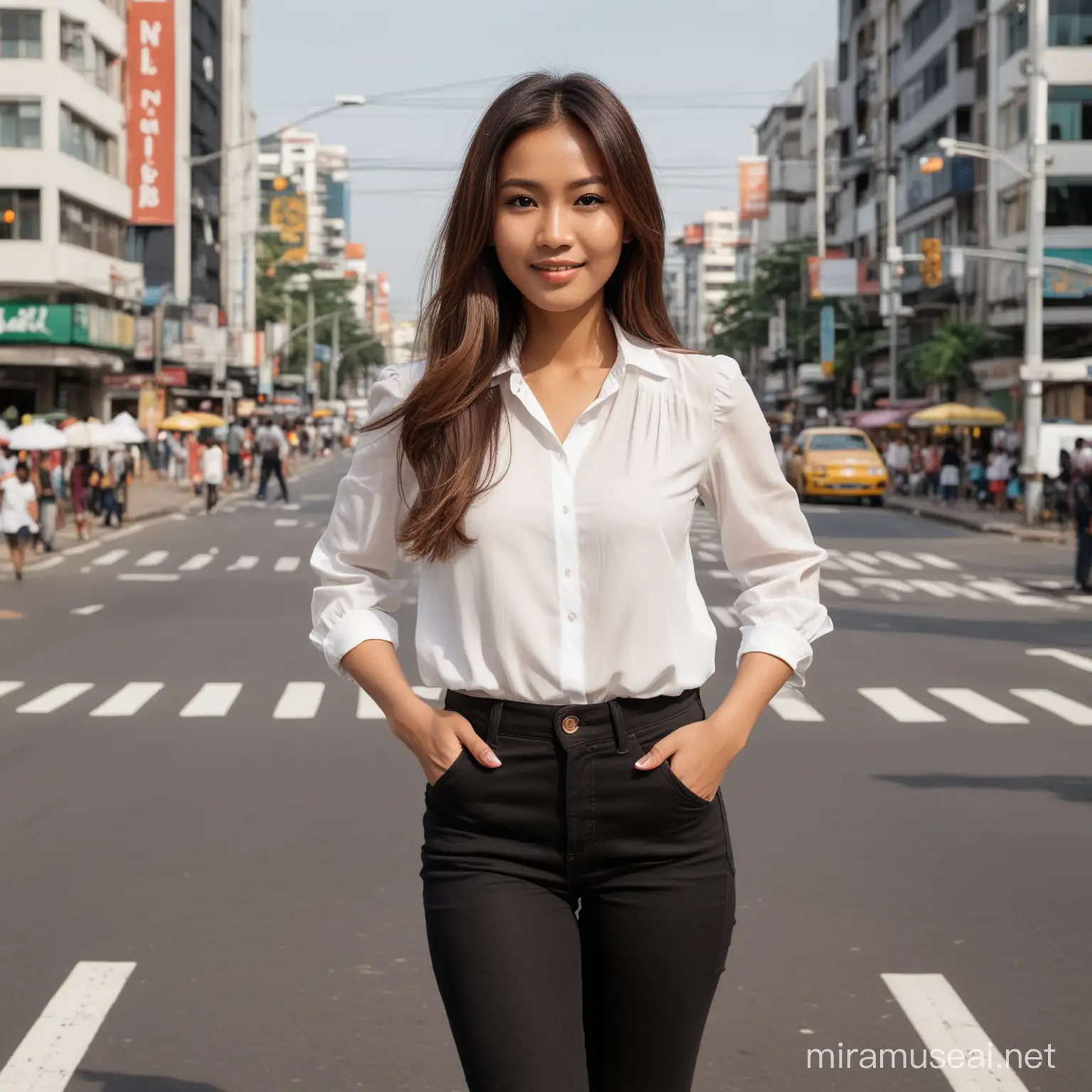 a 35 year old Indonesian woman, wearing a white blouse, black jeans, snackres shoes, long straight brown hair, standing posing, the background looks like the Kediri intersection. Detail, Hd.