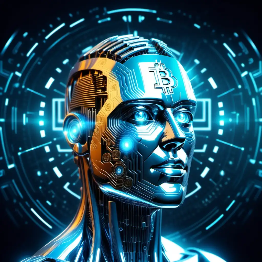 Futuristic Cybernetic Crypto Cyborg Headshot in 3D Bitcoin Holographic Scene