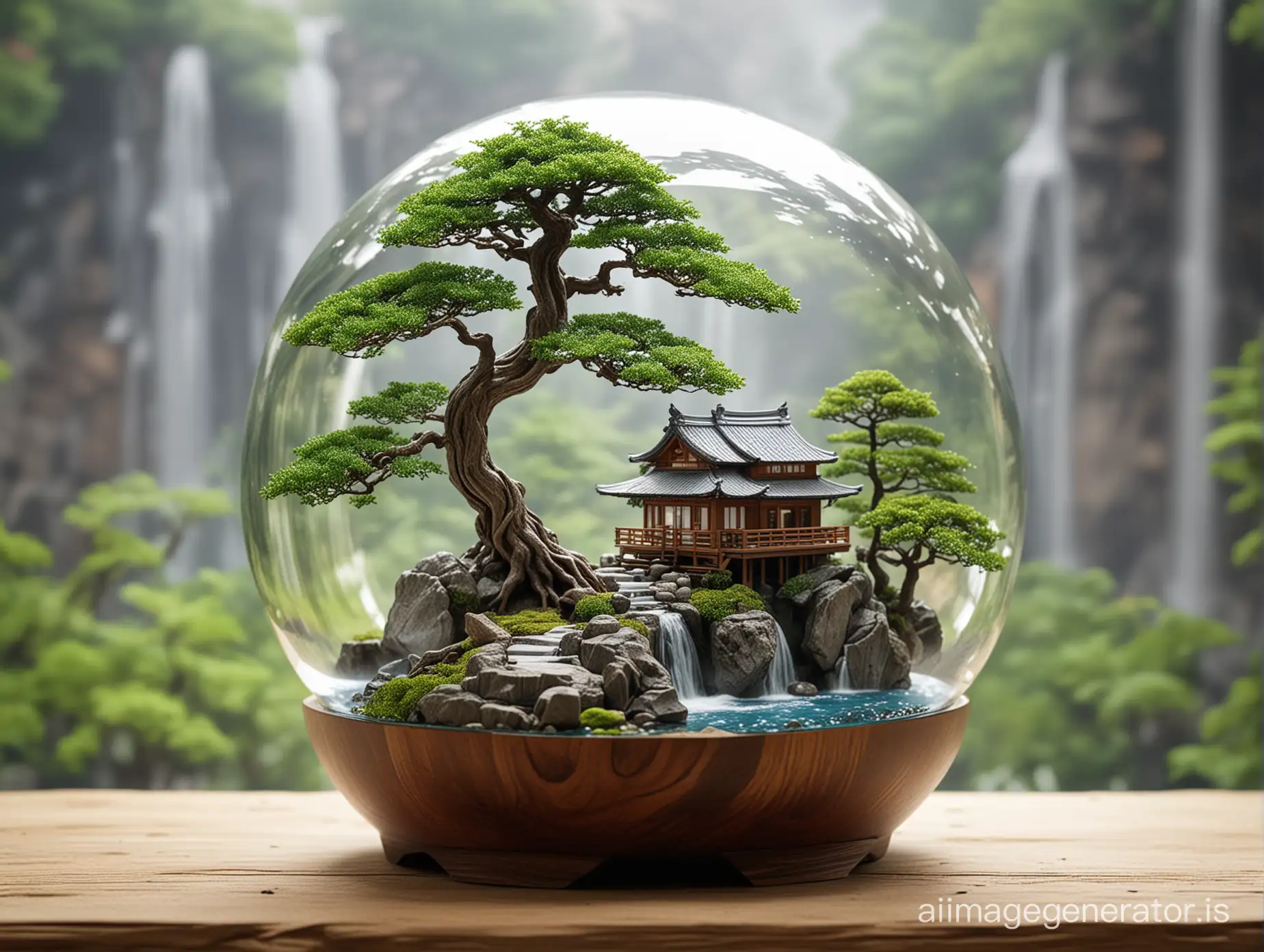 Miniature-Bonsai-Tree-with-Wooden-House-in-Glass-Sphere-Diorama