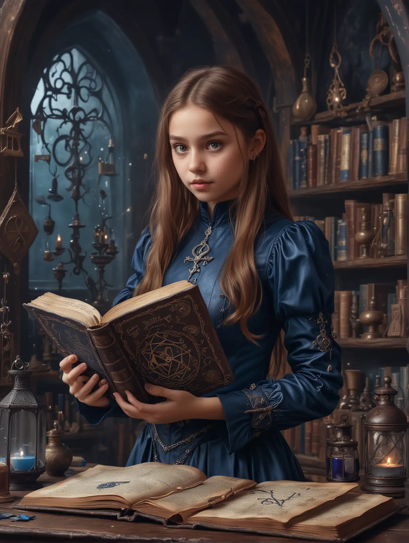 A young brown-haired girl, in a gothic blue outfit, holding a magic leather book, with an old man on the cover and lots of strange symbols. In the background there is a room full of potions and trinkets.