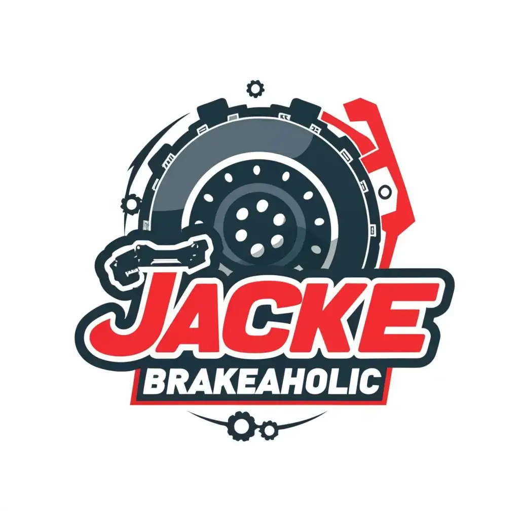logo, Main symbol of the logo, mechanic brake pads, with the text "Jake Brakeaholic", typography, be used in Automotive industry