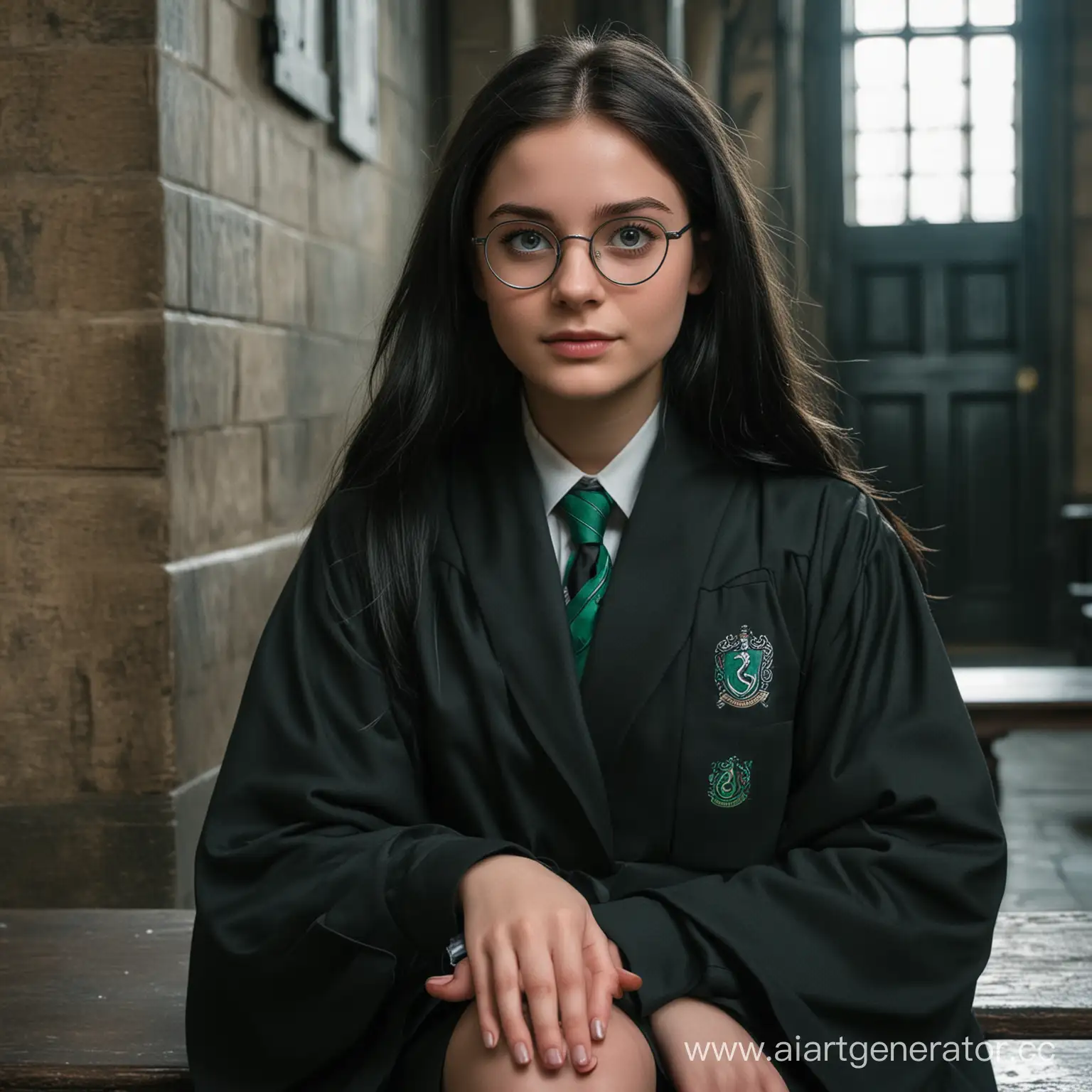 Teenage-Girl-in-Slytherin-Regalia-Seated-in-Hogwarts-Corridor
