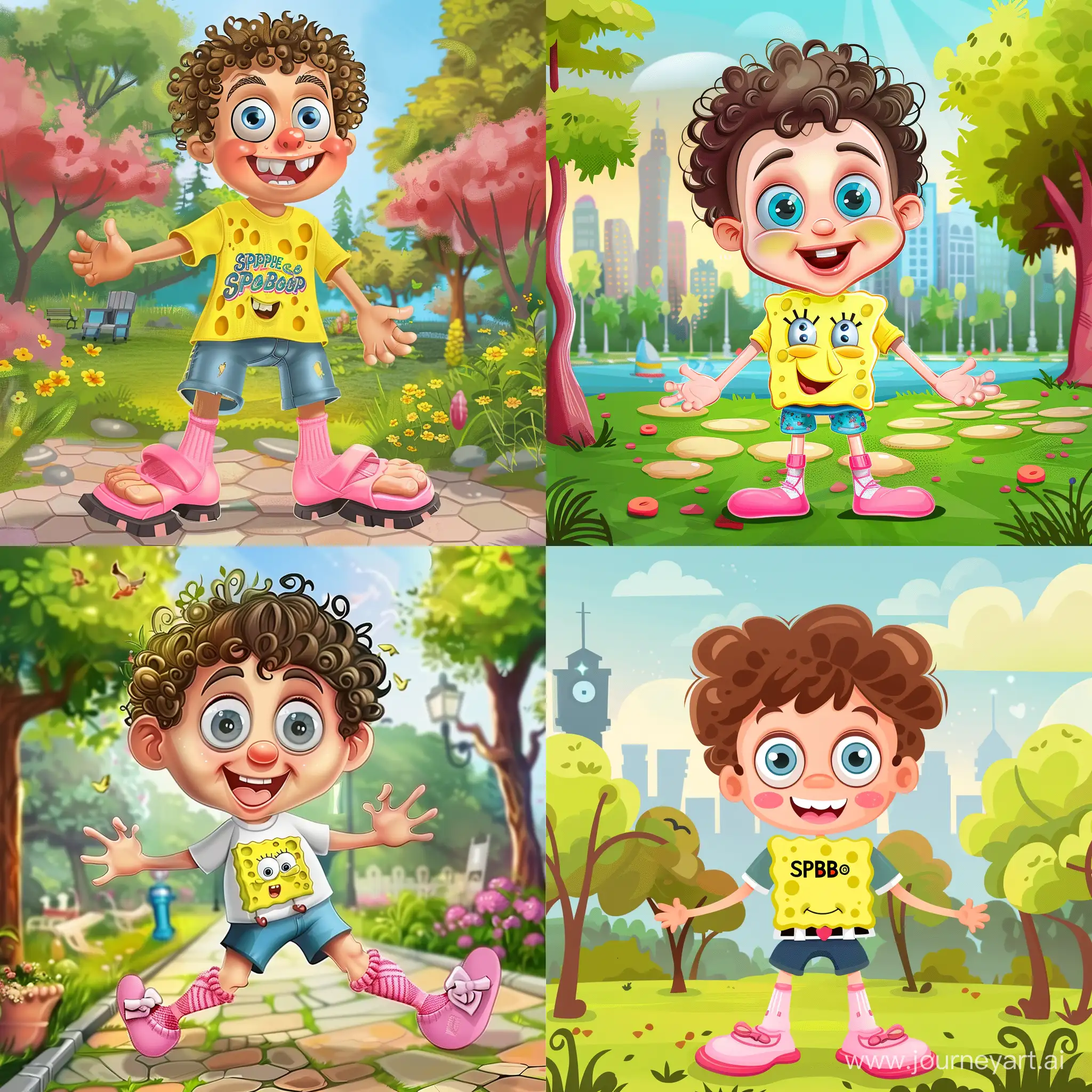 A cartoon picture of a funny boy in a spongebob t-shirt and pink slippers and socks in the park.