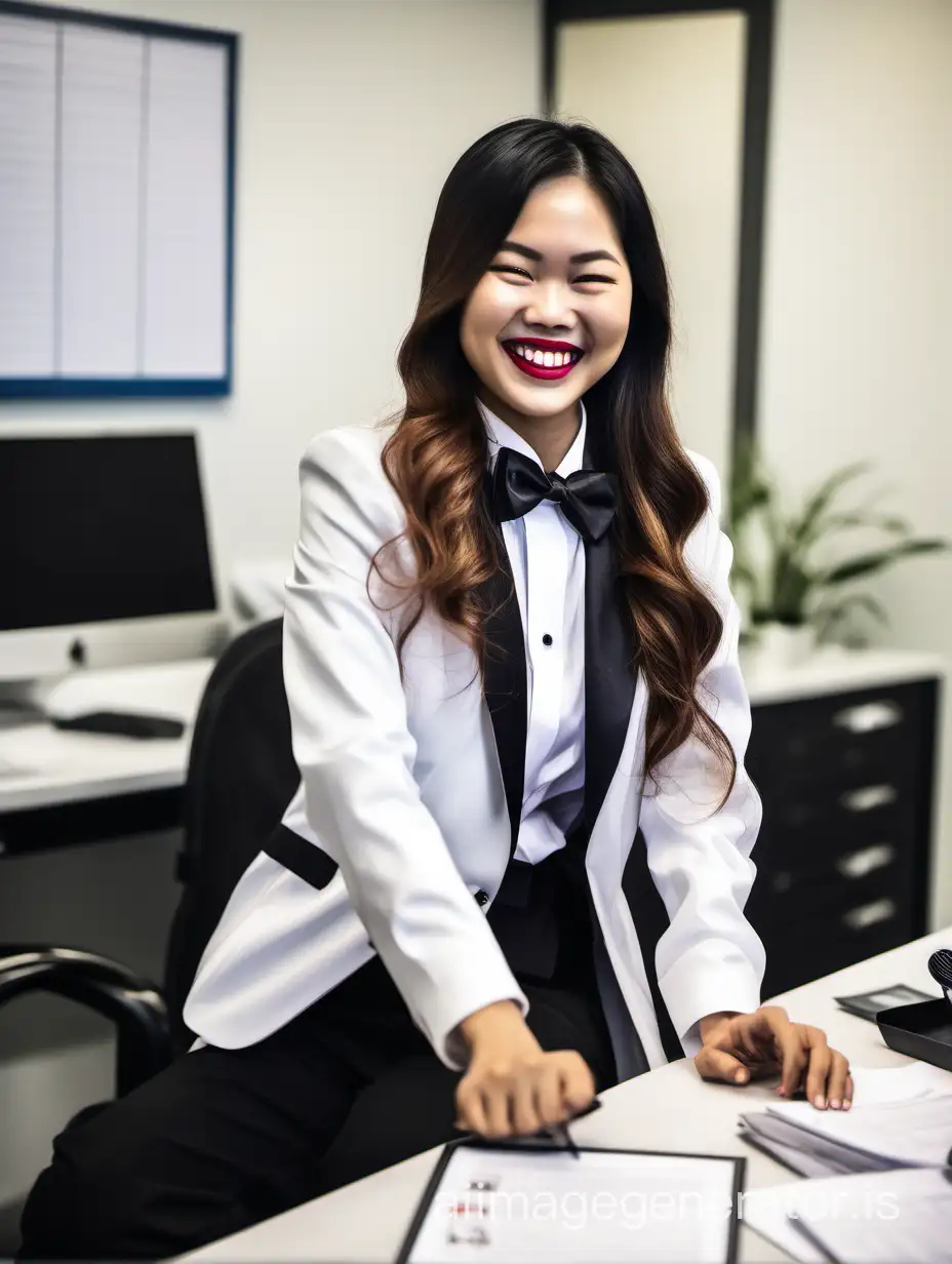 smiling and laughing Vietnamese woman with long hair and lipstick wearing a tuxedo with a black bow tie. She is seated at an office desk.