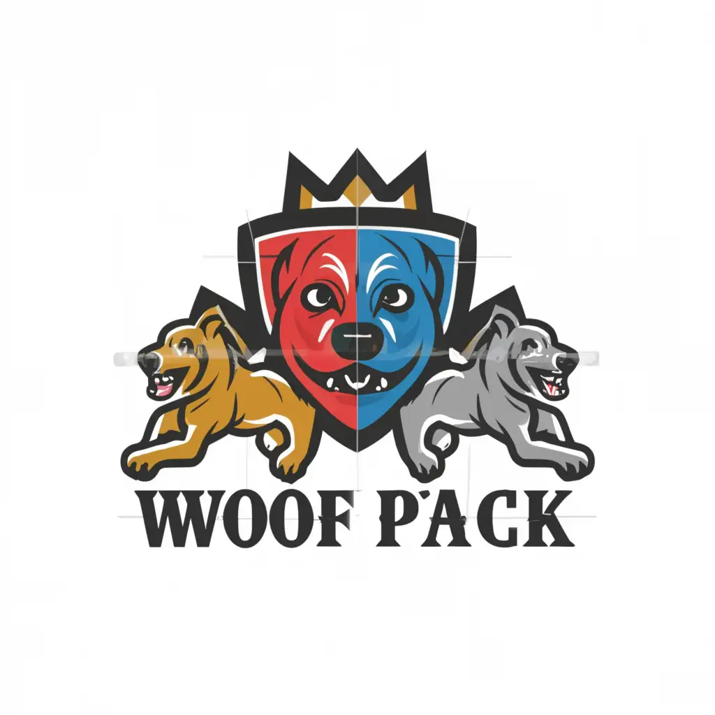 a logo design,with the text "Woof Pack", main symbol:superhero shield with outline of multiple dogs,Moderate,clear background