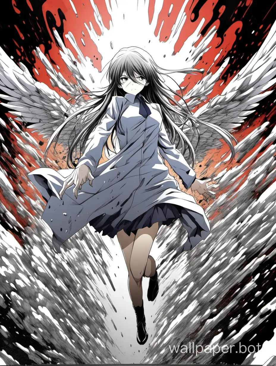 anime horror, hentai angel, action scene, grotesque explosion of rage, linearity, dripping ink, hyper-detailed anime anime, white background