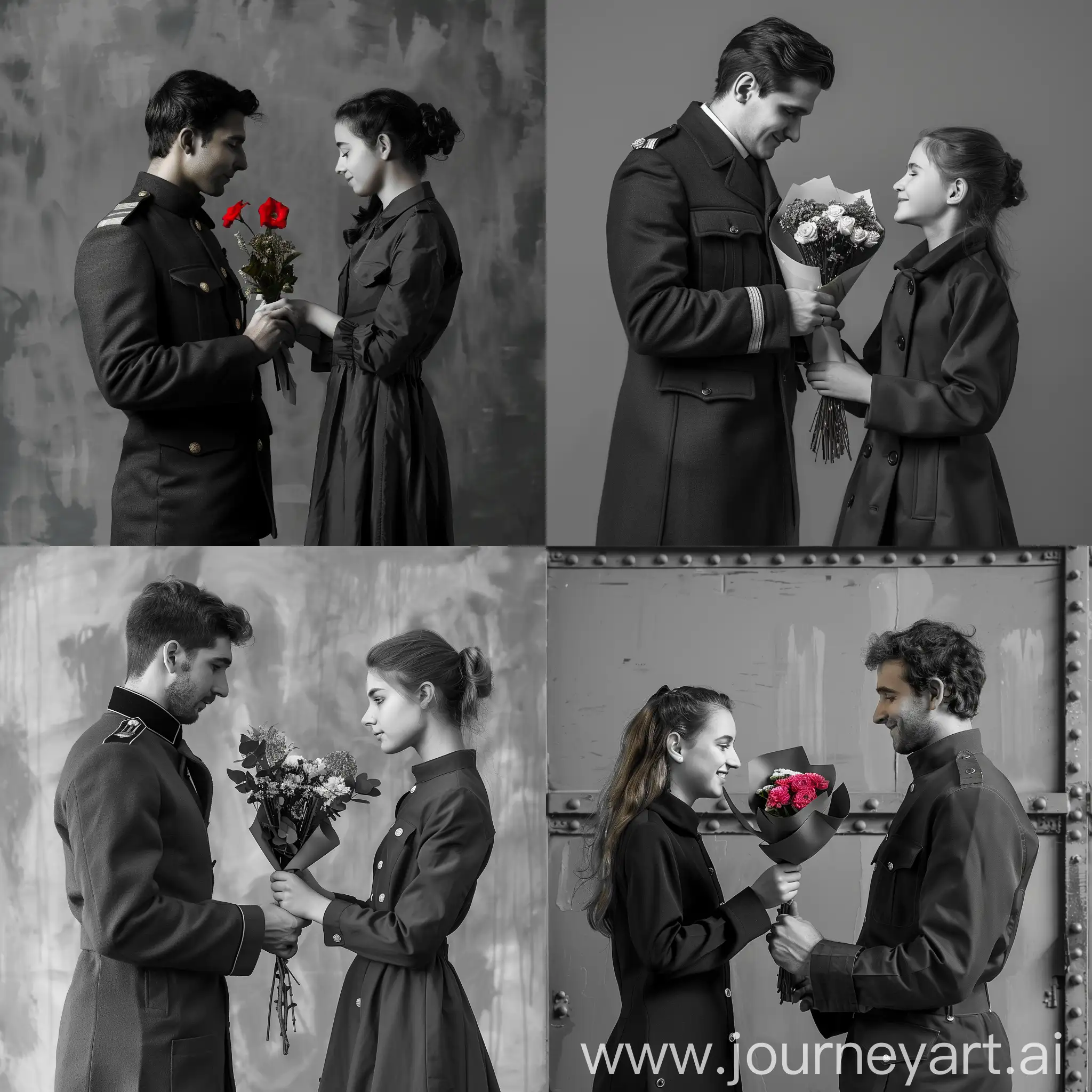 Elegant-Gesture-Man-Presenting-Flowers-to-Woman-in-Stylish-Monochrome-Composition