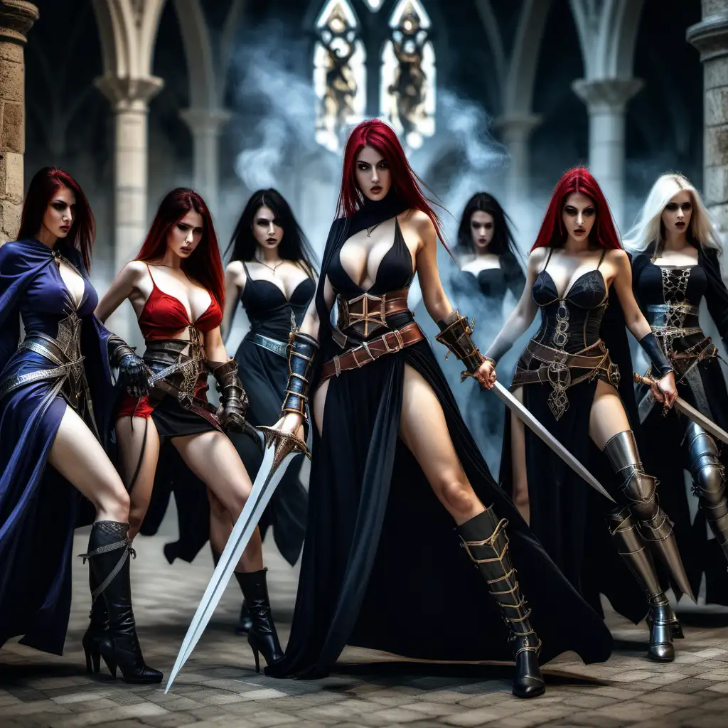 Sorceresses in Elegant Battle with Gothic Knights