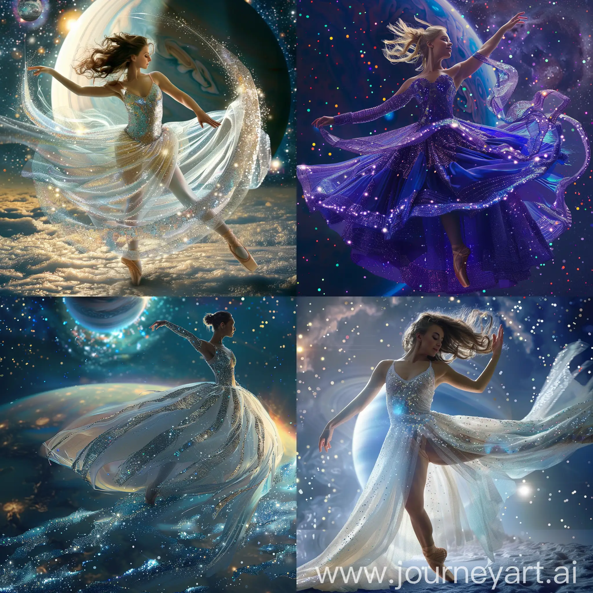 A beautiful ballet dancer dancing on the planet Neptune. The sequins on her dress are sparkling