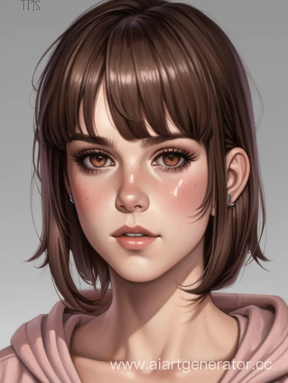 tall sexy young female, diamond shape face with wide cheekbones and small chin, little gray almond eyes with hooded eyelids, big long hooked button nose with a hump, plump dusty rose lips, brown-red freckles on nose and cheeks, peach blush, light-brown straight skinny eyebrows, short square wavy brown hair with very short small straight bangs, round tits, small waist, black gaming headset, shirt with horror movies, soft sexy gaze, dark circles under eyes, Neve Campbell, masculine face