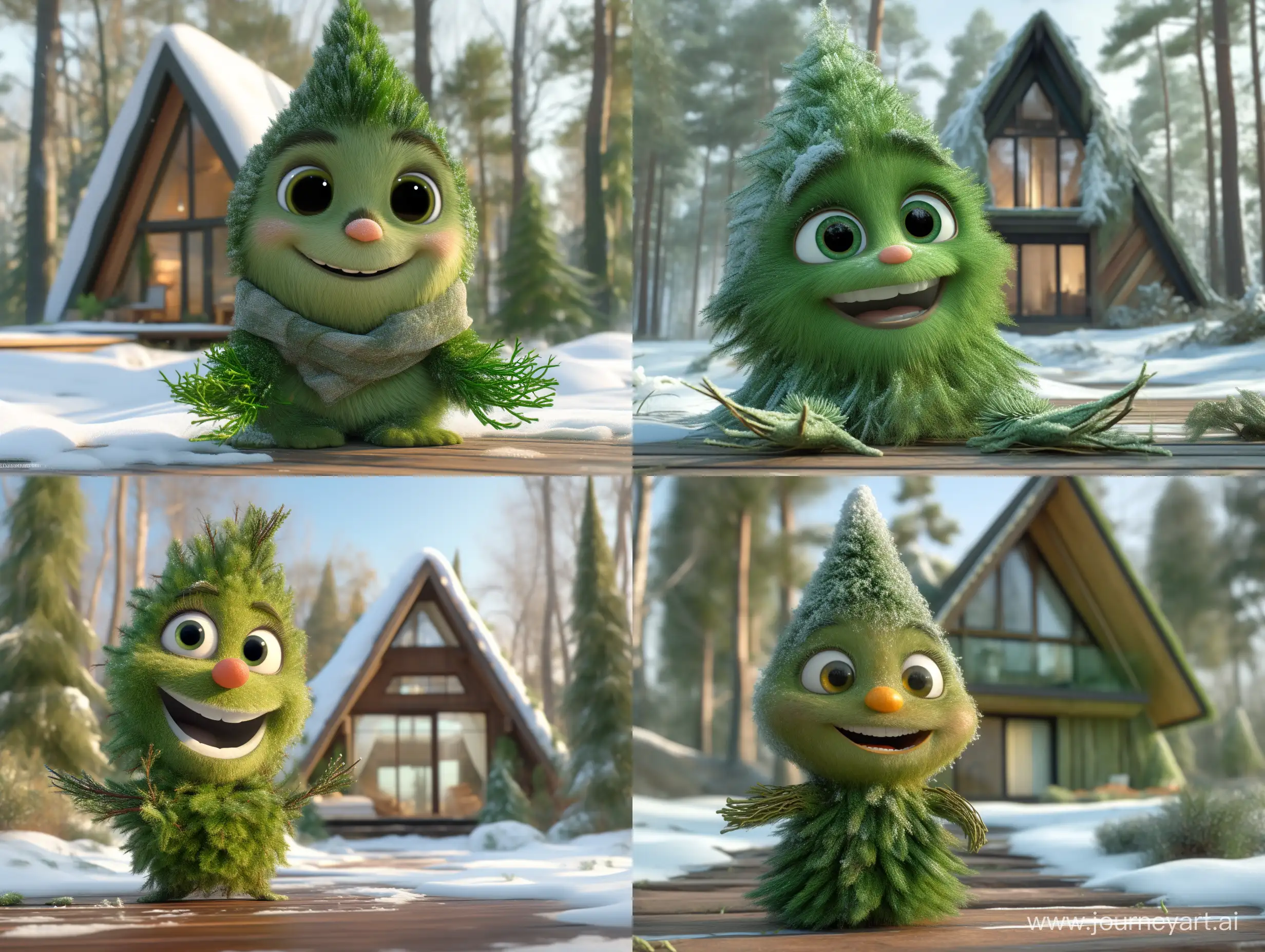 Cartoon green beautiful fir with a snow-white small smile and large bewitching eyes, and hands made of green twigs, in winter in a large forest with snowdrifts, behind a cartoon modern a-frame house, with high resolution and high definition 8k --q .25 --s 750