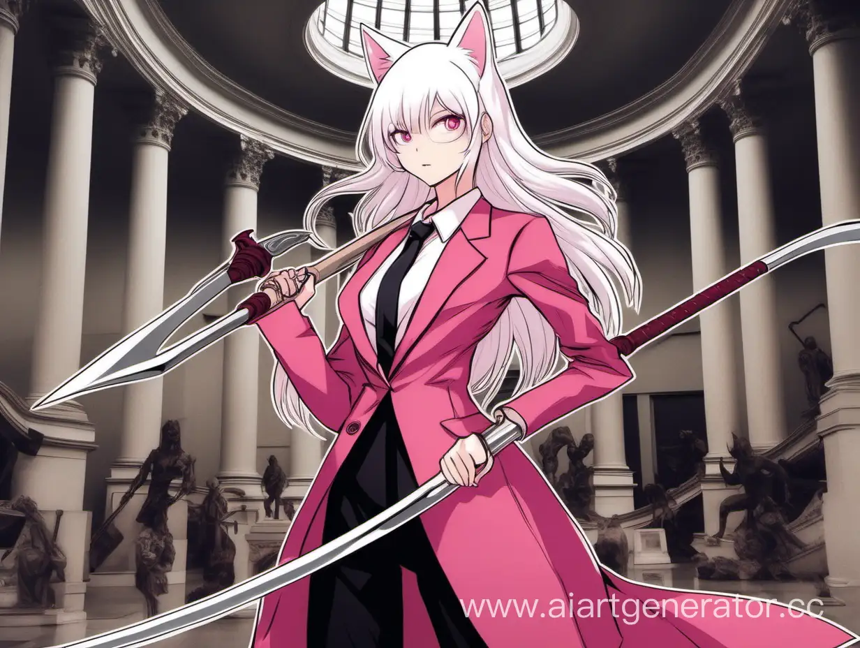 A girl with white cat ears and white hair, dressed in a dark pink business suit, holds a huge combat scythe, standing in the middle of the museum