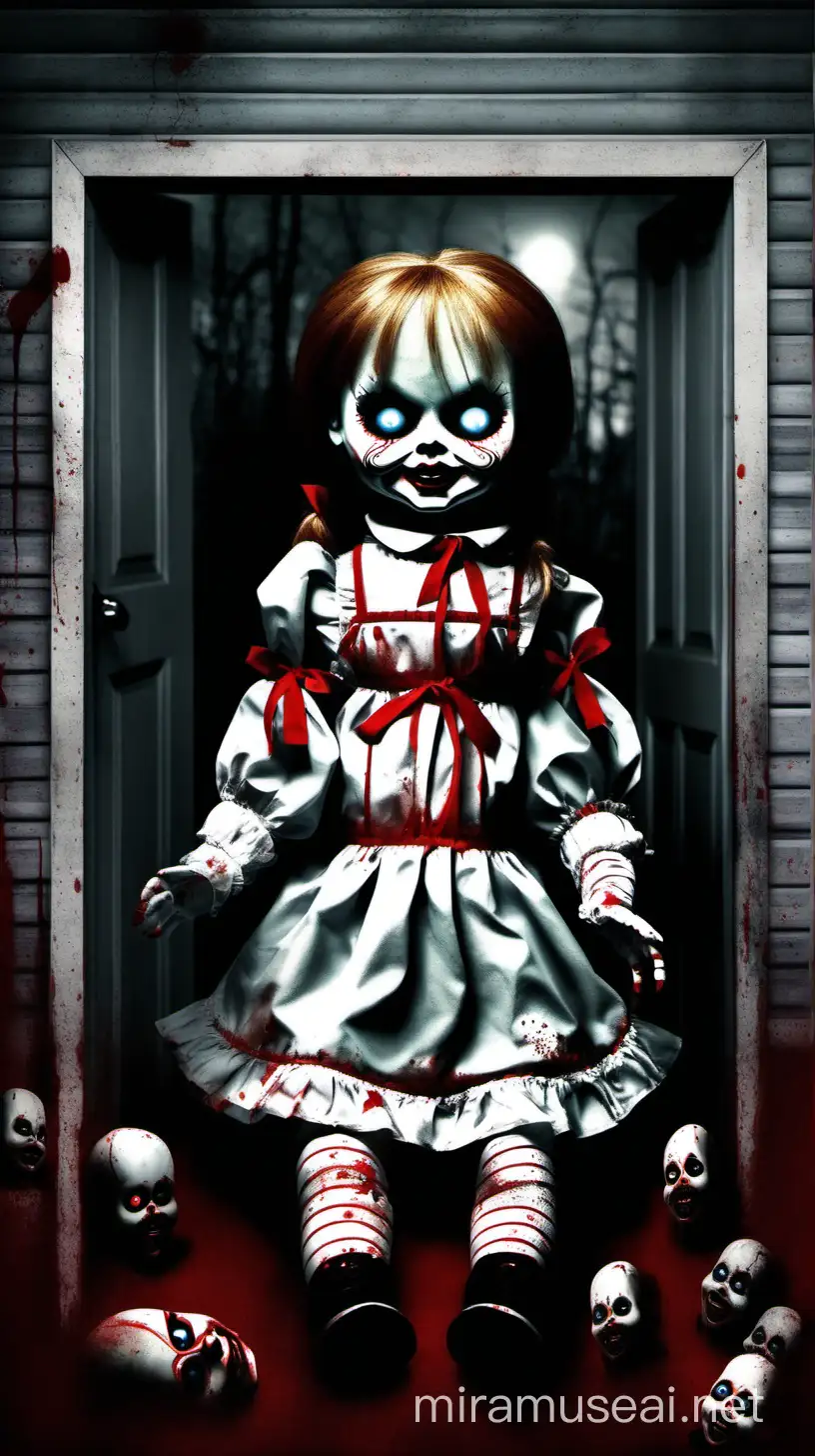 Muñeca Anabelle siniestra,terror,sangre,cartoon,colores grises y rojos,fondo casa de terror