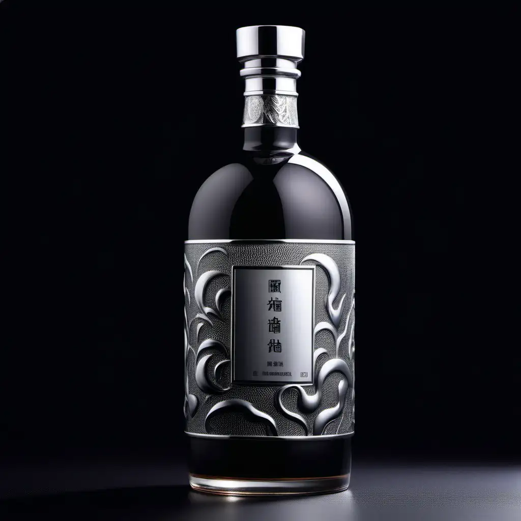 Modern health liquor packaging design, high end liquor, 500 ml ceramic bottle, photograph images, high details, silver and black texture, brand name is 玖莼