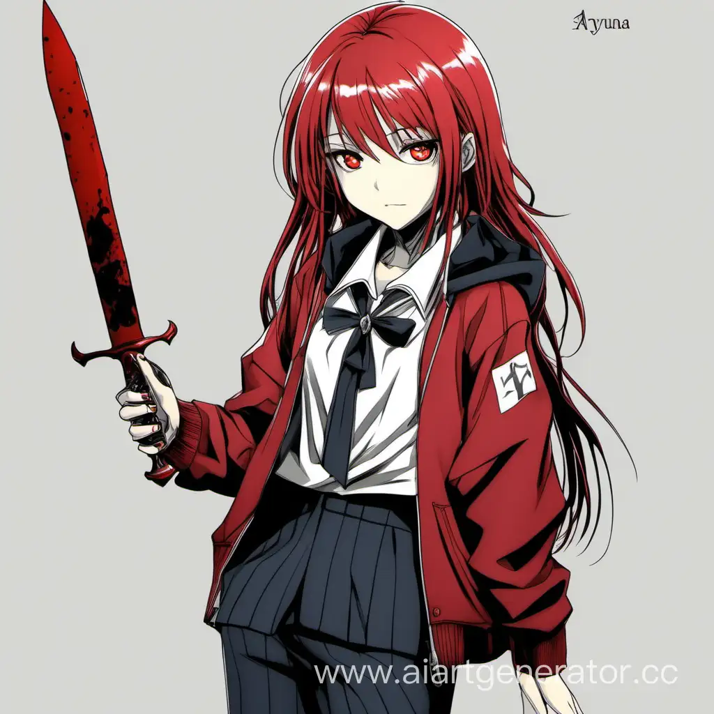 A young teenage girl with beautiful red hair and red eyes.
Her height is 163.2 cm.
Cloth:

A huge red jacket, unbuttoned in the front.
Pants are also worn because of constant adventures.
Worn out shoes.
She wears a black sweatshirt or sweater underneath her jacket. • However, after Yukiko changed, Ayuna felt loss and pain. This significantly affected her character, making her withdrawn and sad. She began to doubt people and their true intentions.

• The question of where her loyalties should lie became a major dilemma for Ayuna, and she became more cautious in her relationships with other characters.

Ai uses the power of blood, forming needles from it to shoot from her fingers, and also creates threads from blood, Ayuna also knows how to use a dagger in battle. She can create a web from bloody threads