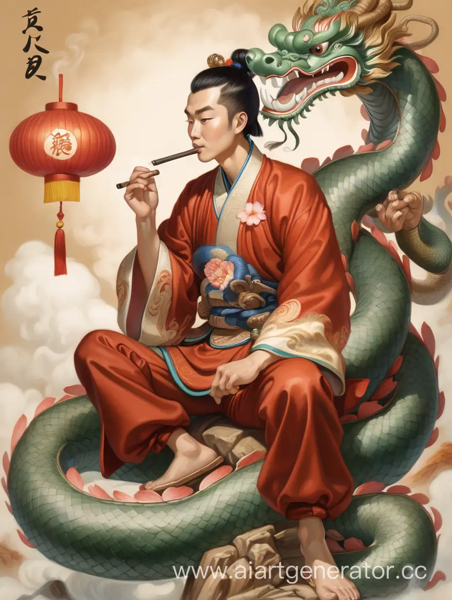 Молодой красивый азиат, в традиционных китайских одеждах. Сидит на китайском драконе в позе лотоса и курит трубку. 