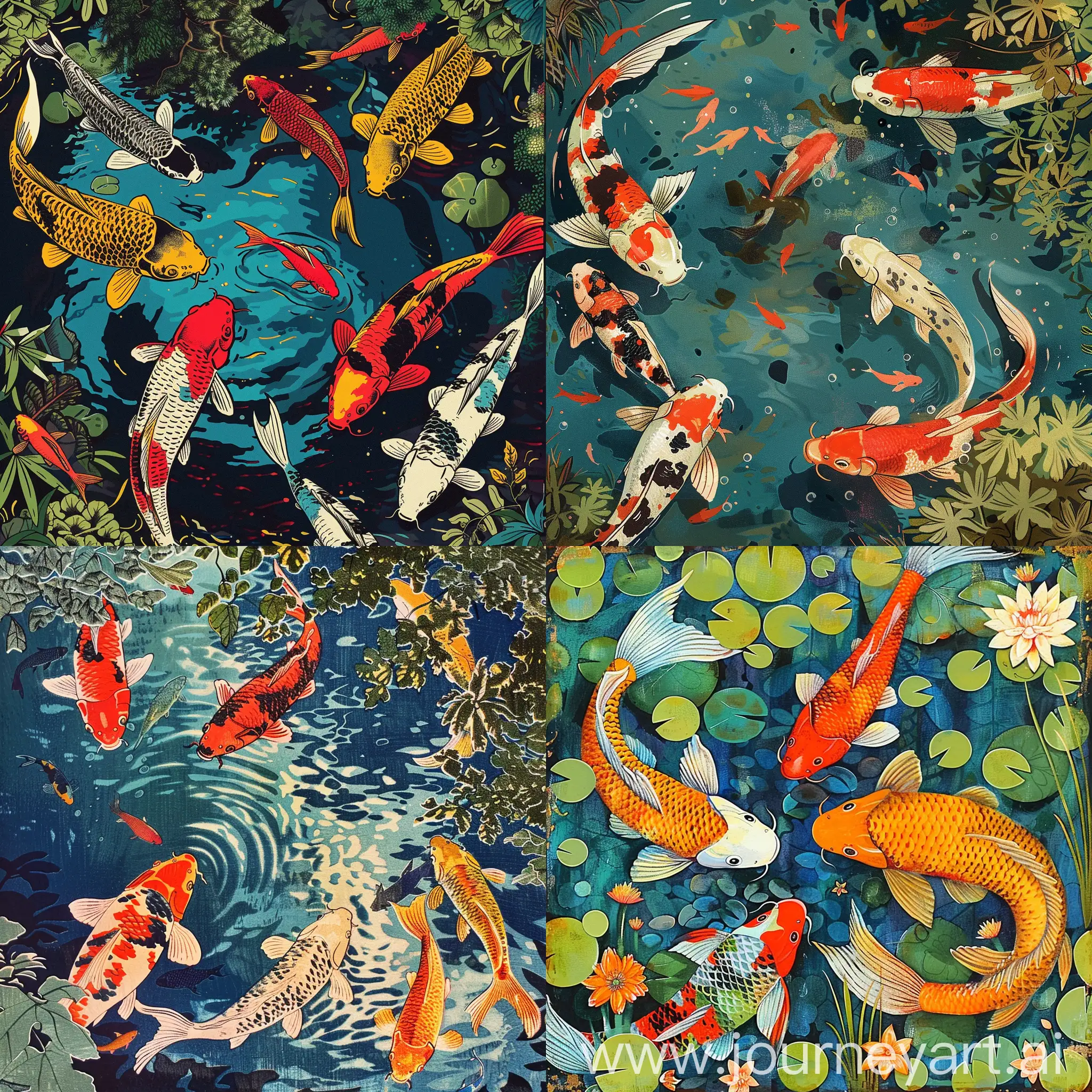 koi fishes in a pond, view from above, Japanese folk art illustration, vibrant colors,