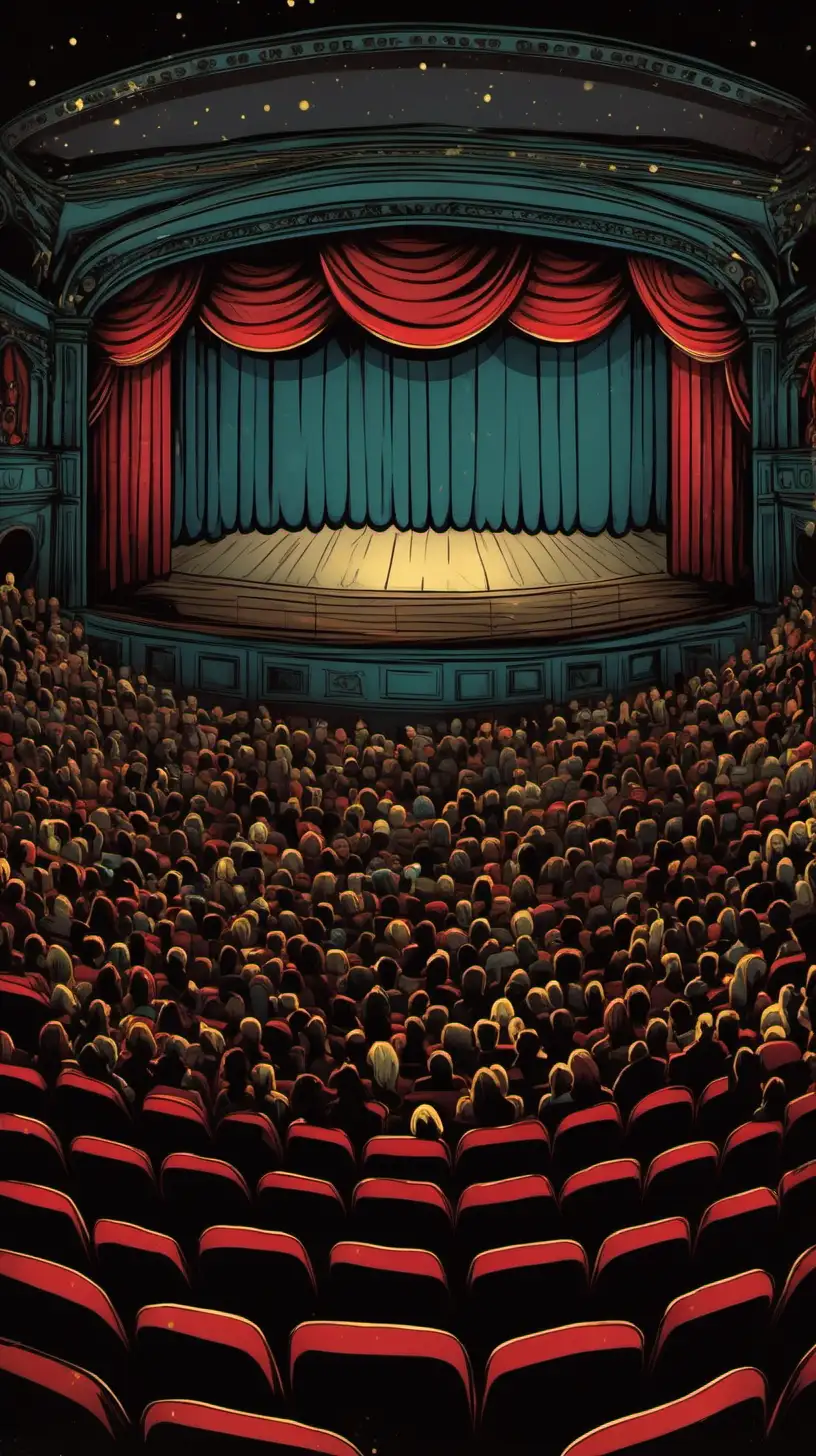 Cartoony Color:  Dark theatre stage  with full audience.