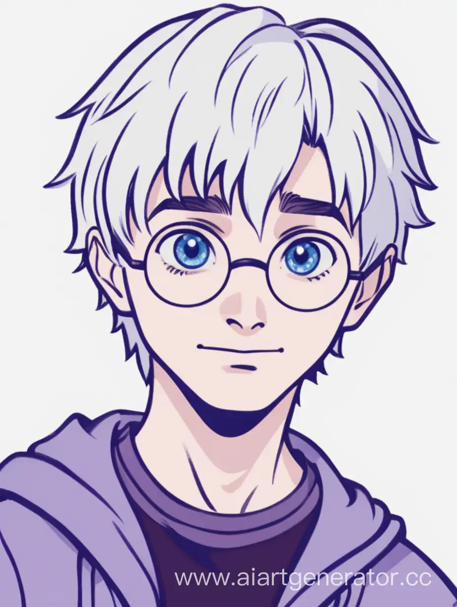 Гарри Поттер подросток белыми короткими волосами и фиолетово голубыми глазами, мягкие черты лица 