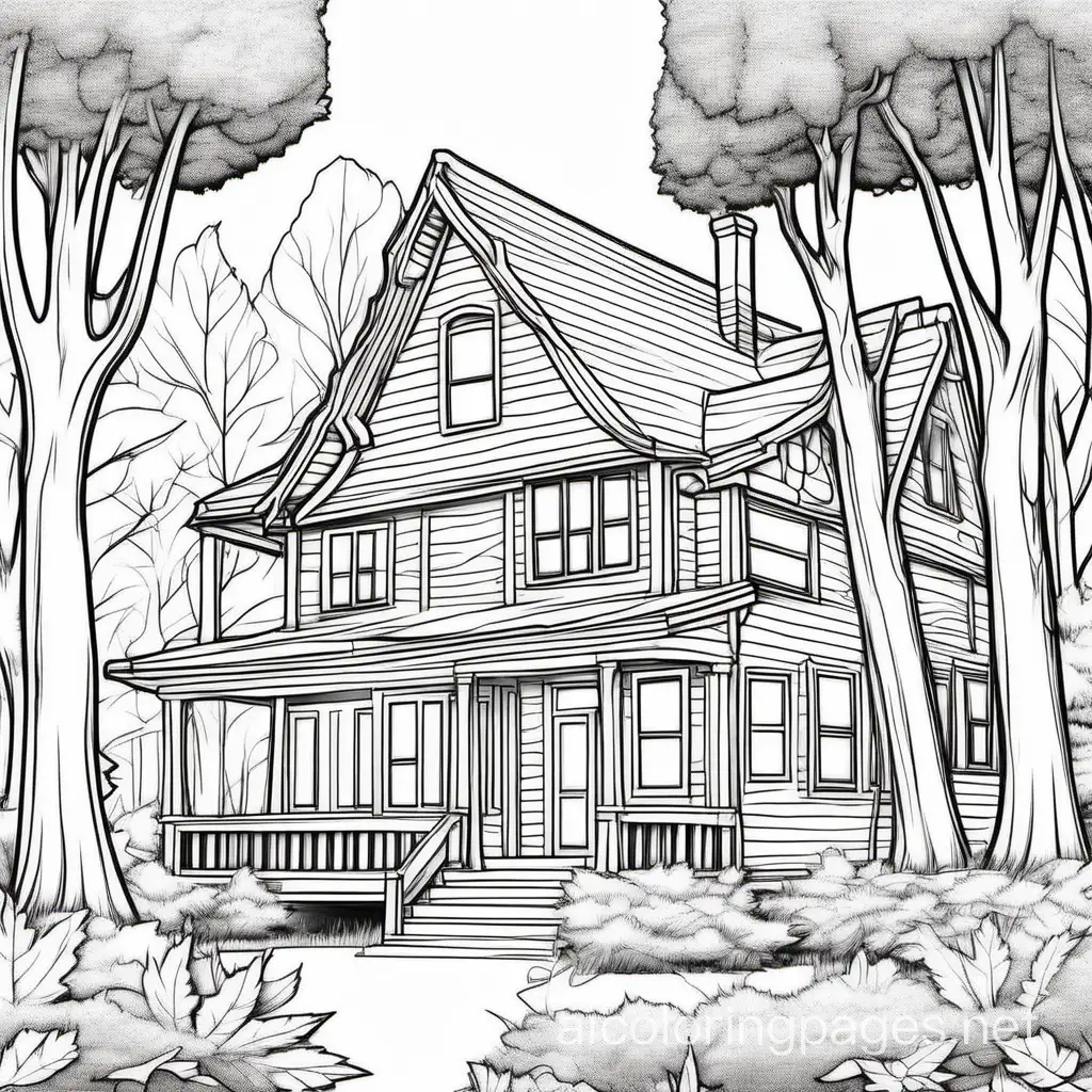 black outline art for forest Retreat House, photorealistic rendering, white background, sketch style, hand-drawn, only use a thin black outline, cartoon style, clean line art, 3D vector art, digital painting, isometric style,, Coloring Page, black and white, line art, white background, Simplicity, Ample White Space. The background of the coloring page is plain white to make it easy for young children to color within the lines. The outlines of all the subjects are easy to distinguish, making it simple for kids to color without too much difficulty