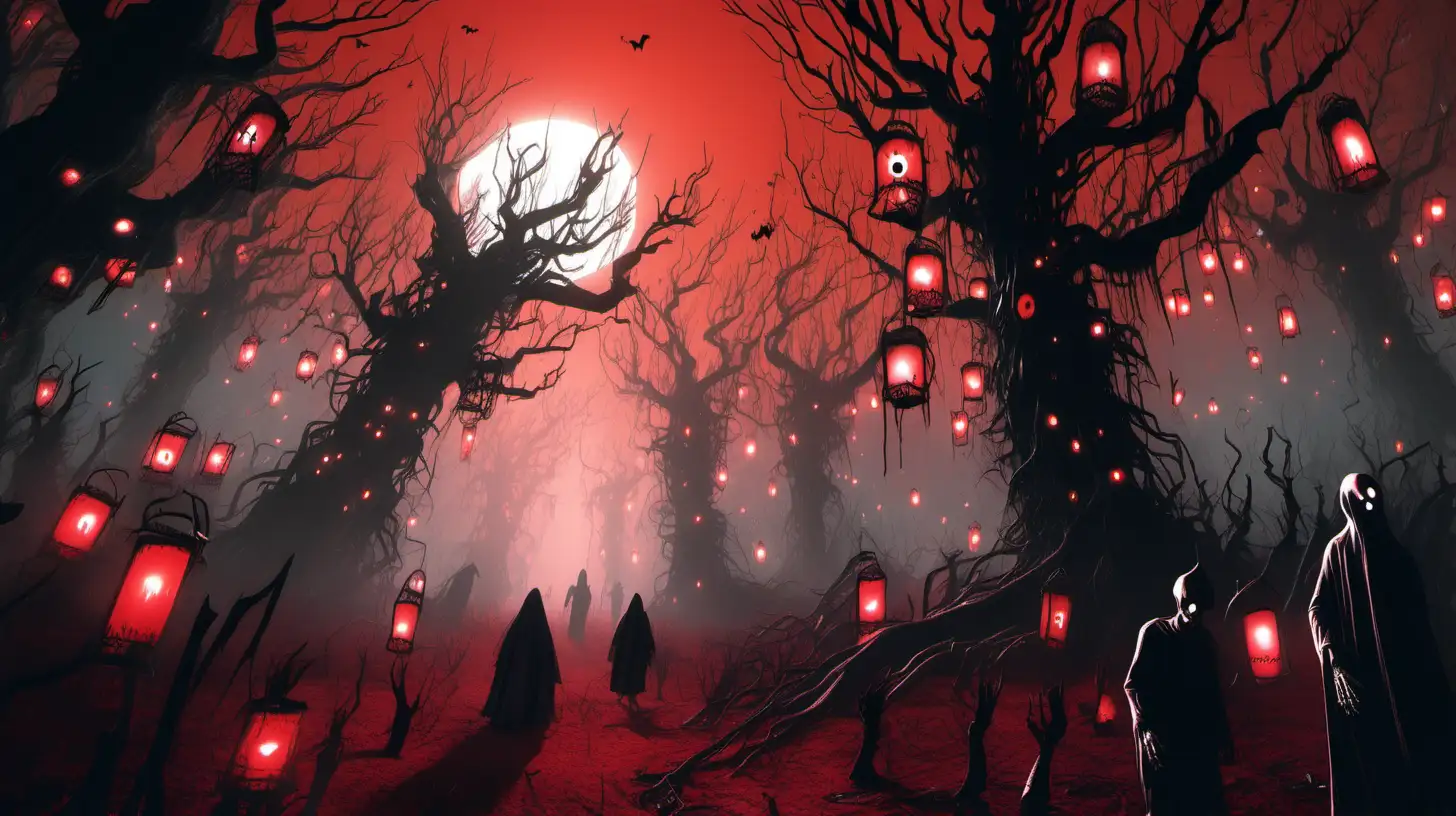 Craft a haunted forest scene using AI, where skeletal trees reach towards a blood-red sky, and ghostly figures in tattered costumes roam, carrying flickering lanterns and echoing eerie laughter