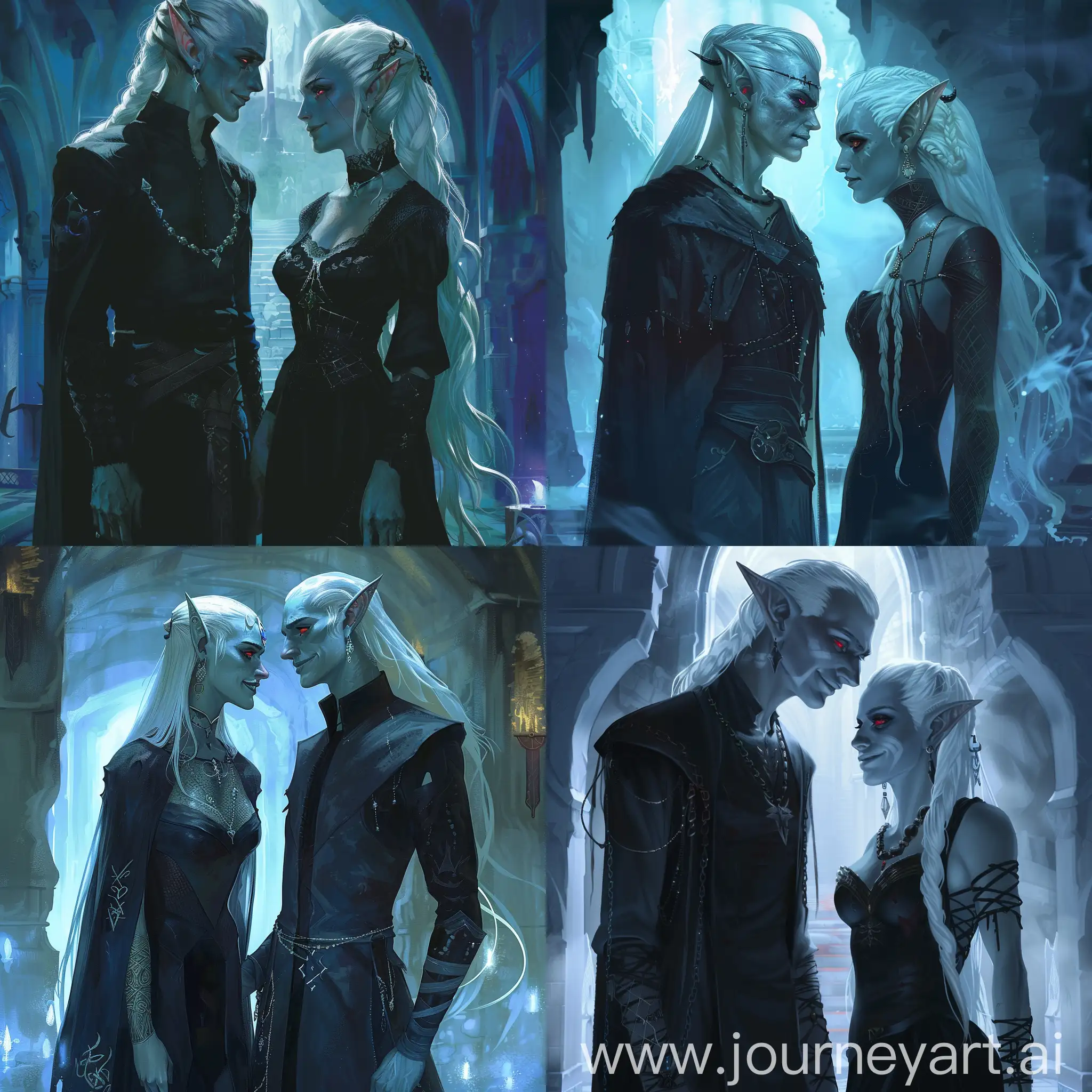 Drow-Siblings-in-Underground-Temple-Handsome-Rogue-and-Beautiful-Woman-Exchange-Glances