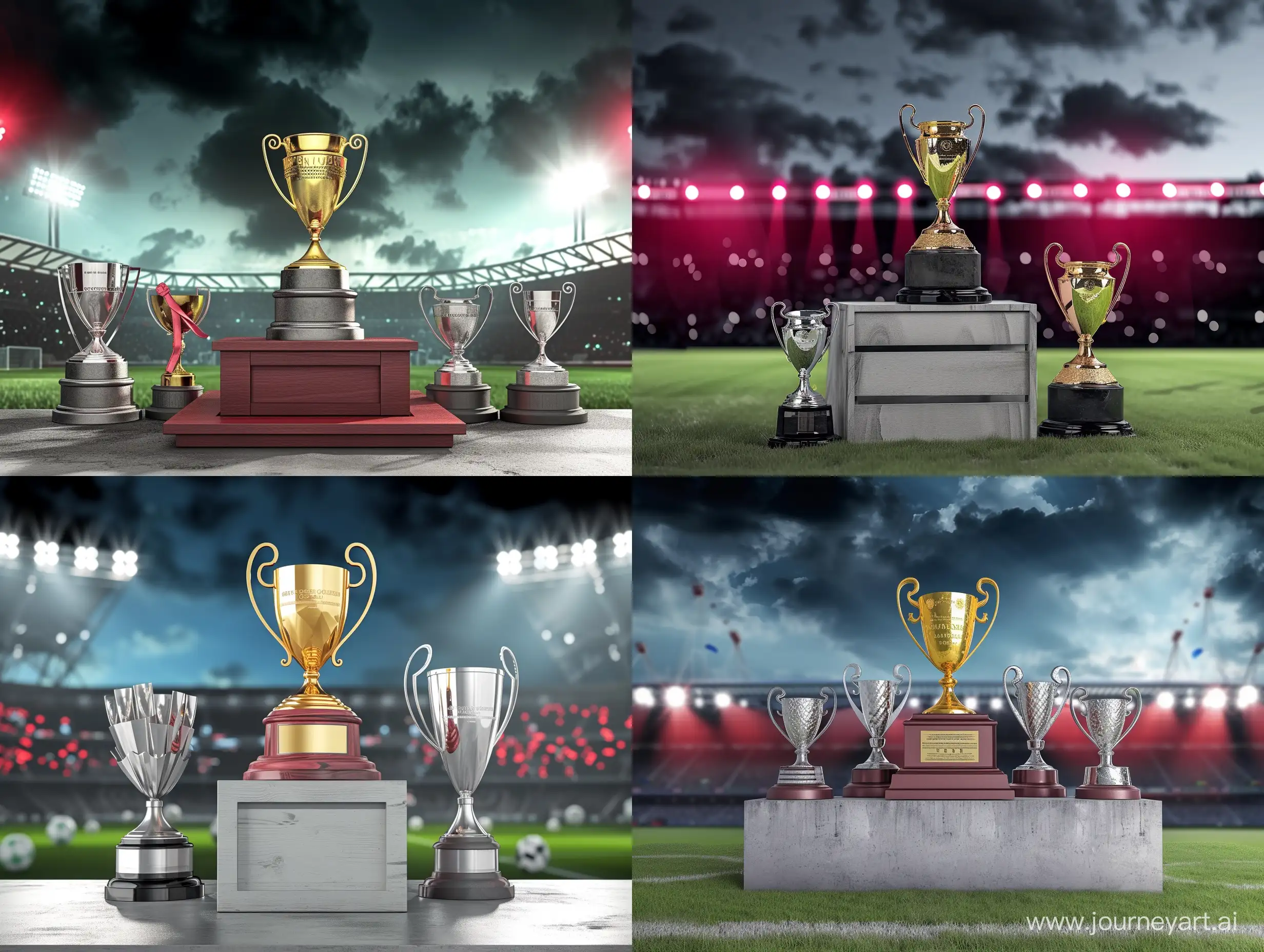 Dramatic-Night-Lights-Illuminate-Soccer-Stadium-Podium-with-Gold-and-Silver-Trophies