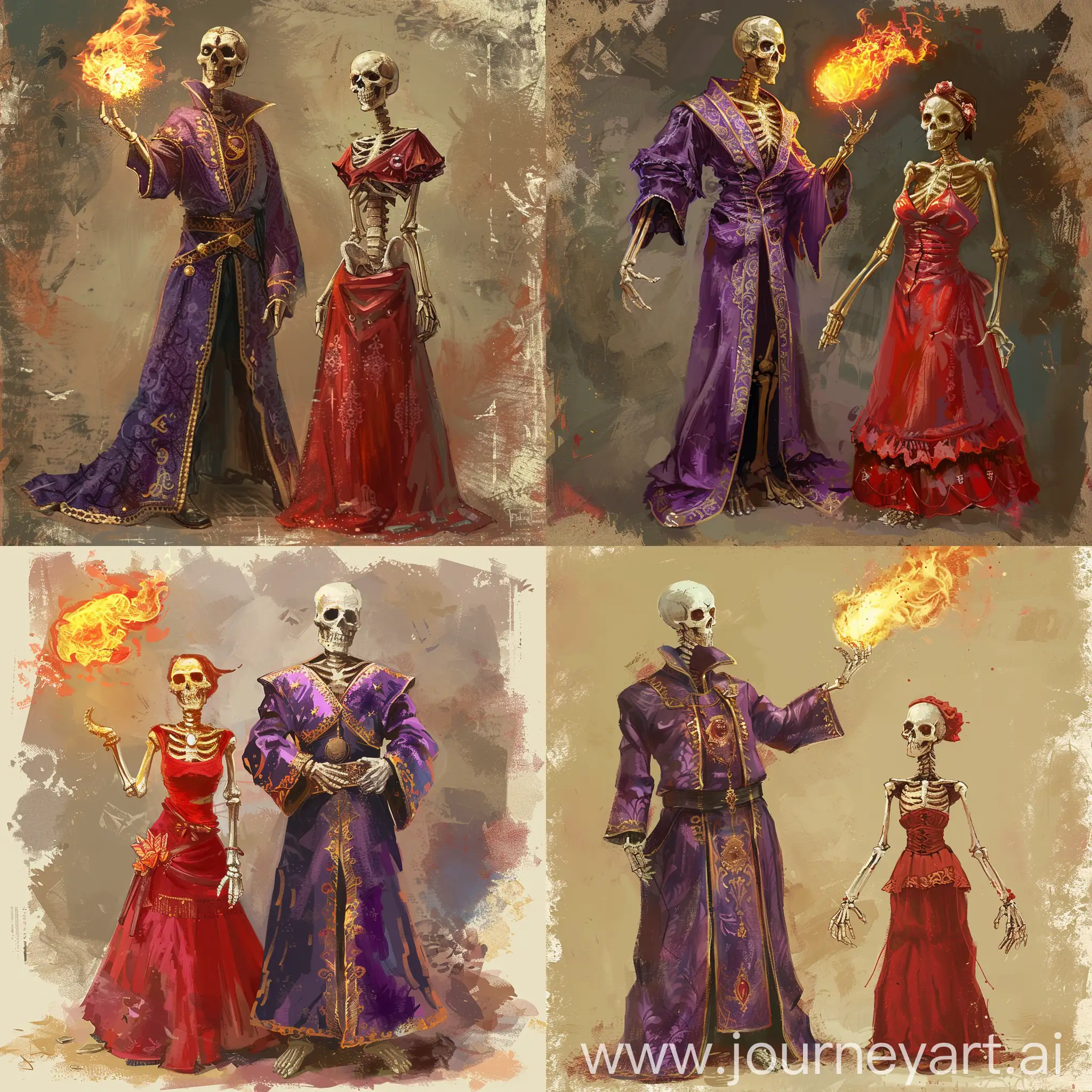 DnD portrait. Skeleton mage in an expensive purple robe with a fireball. Next to it stands a skeleton maid in a red dress.