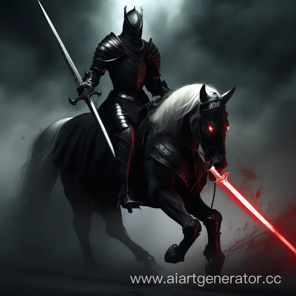 Evil knight horseman, pale skin, dressed in the black armour, eyes shining red