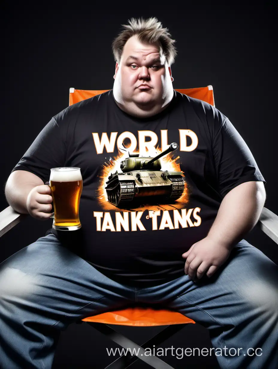 Fat guy, scary, greasy hair, T-shirt with the inscription 'world of tanks,' sitting on a chair, holding a glass of beer