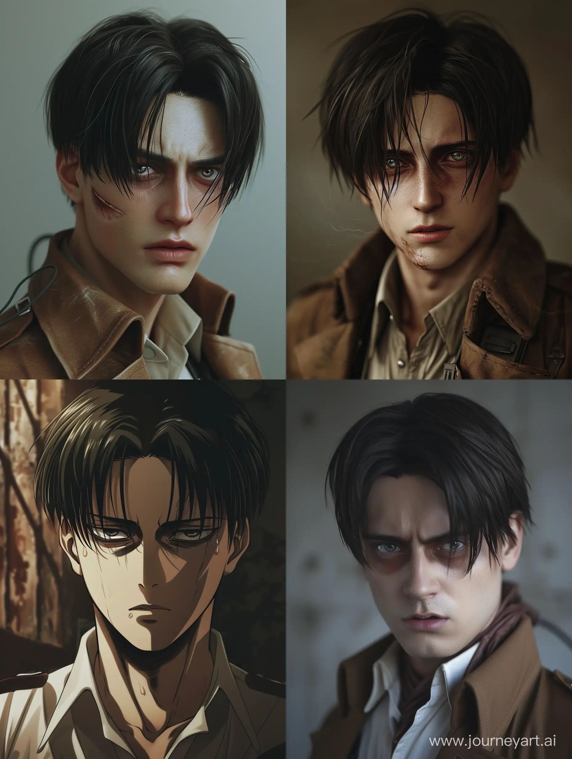 Photographic Levi Ackerman from Attack on Titan, in his 30s, with normal dark circles, slight mocking smirk, narrow bored eyes with prominent whites
