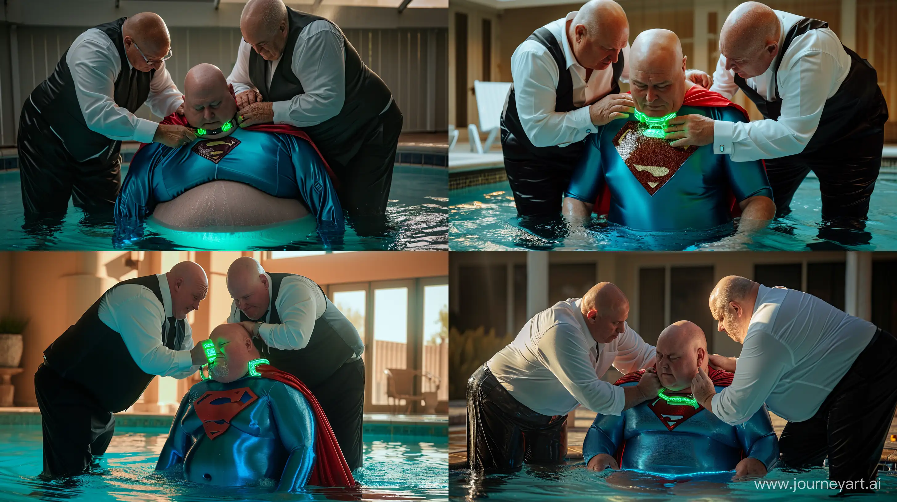 A closeup photo of two chubby man aged 60 silky black business pants and a white shirt, bending behind and tightening a green glowing small short dog collar on the nape of another big chested chubby man aged 60 sitting in the water and wearing a tight blue silky superman costume with a large red cape. Swimming Pool. Natural Light. Bald. Clean Shaven. --style raw --ar 16:9 --v 6