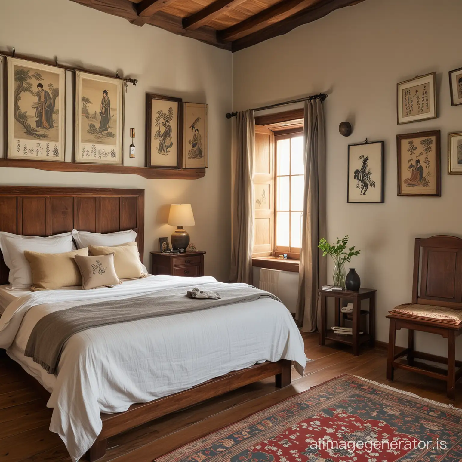 Bedroom with single bed, Asian style, old-fashioned, pictures alsia on the wall, without lamps, medival

