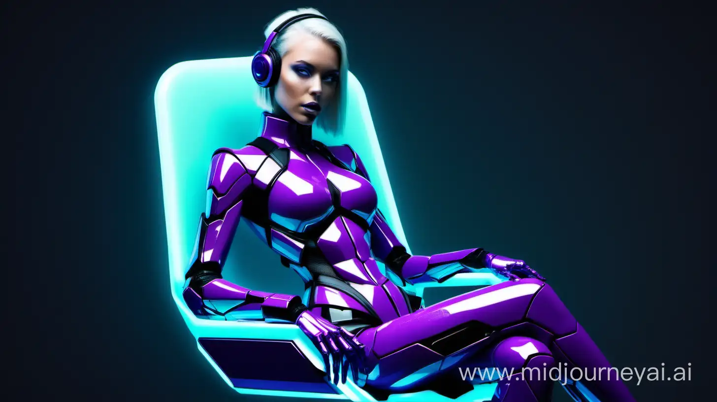 hot futuristic android girl
using this colors Hex:8500FF hex:CFA6FF and hex : 58A5FE sitting in a chair like podcast