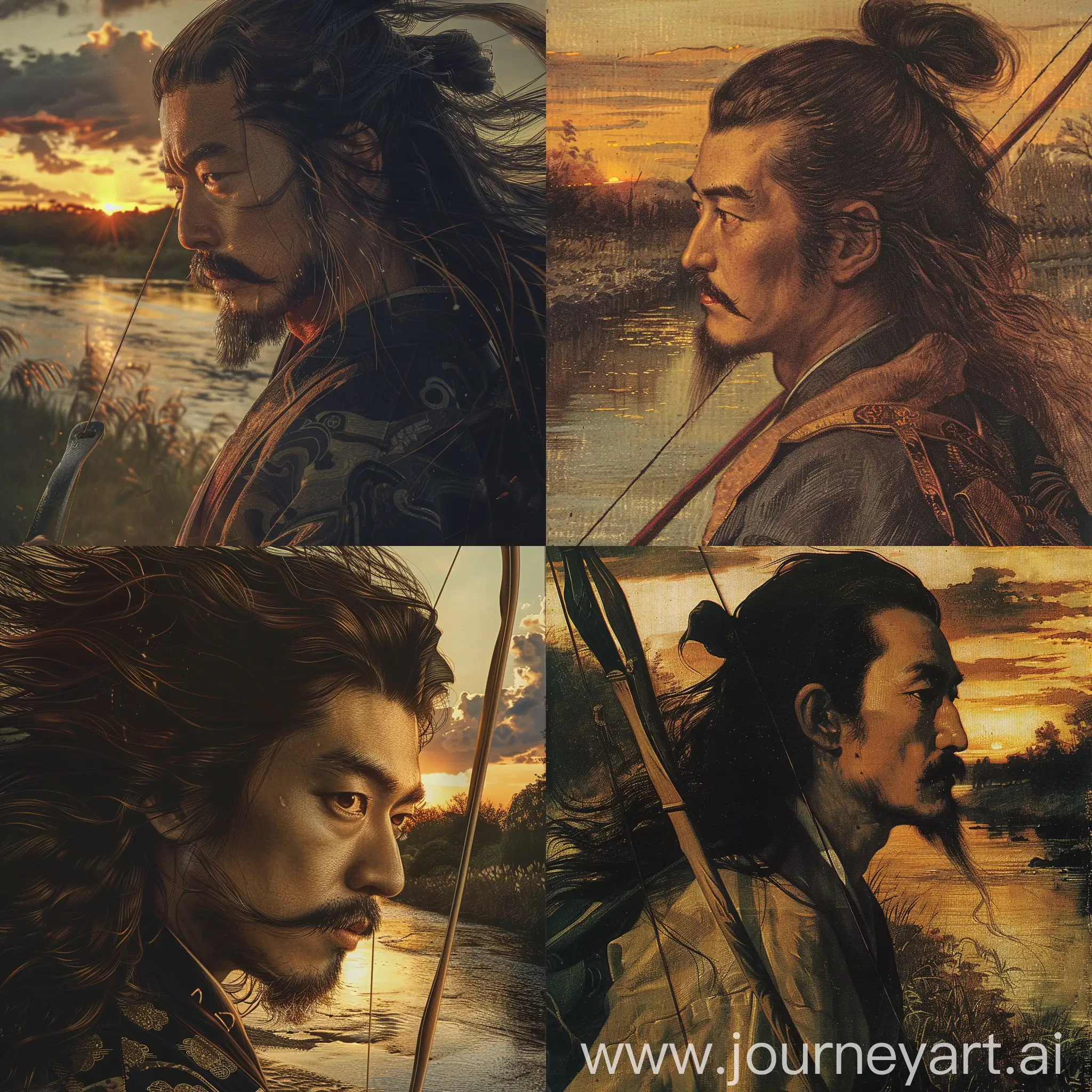 First Japanese Emperor Jimmu, long hair, japanese style mustache and goatee beard, side pose, close up, near a river, sunset, has a long composite bow in his hand, caravaggio style