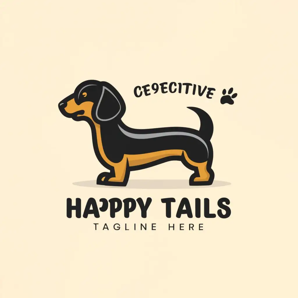 a logo design,with the text "Happy Tails", main symbol:puppy black and tan dachshund,Moderate,be used in Animals Pets industry,clear background