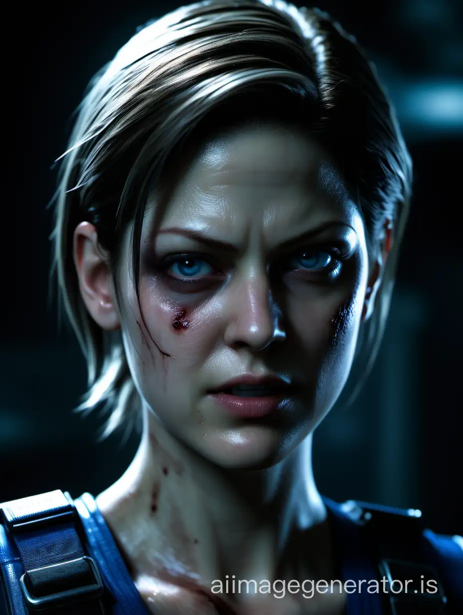 Portrait of Jill Valentine resident evil Afterlife, dark, blue, moody, photorealistic, realism, highly detailed, sharp and focused image,raw photo, masterpiece, cinematic, dramatic lighting