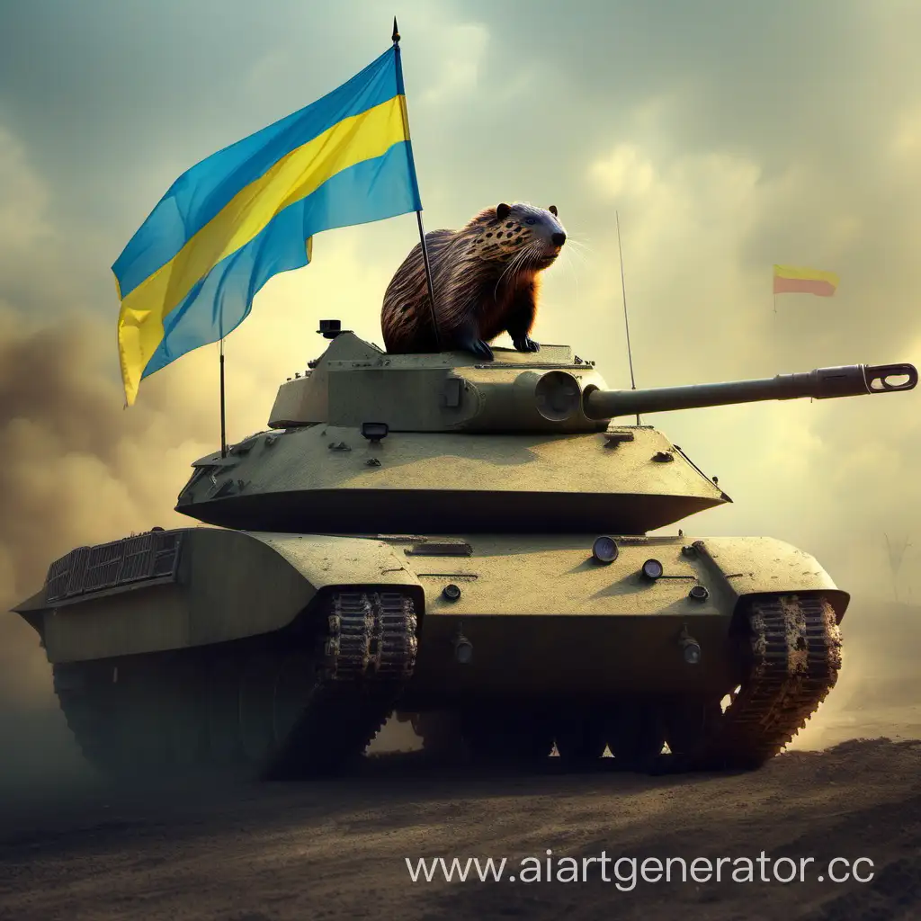 beaver rides on a leopard tank under the Ukrainian flag