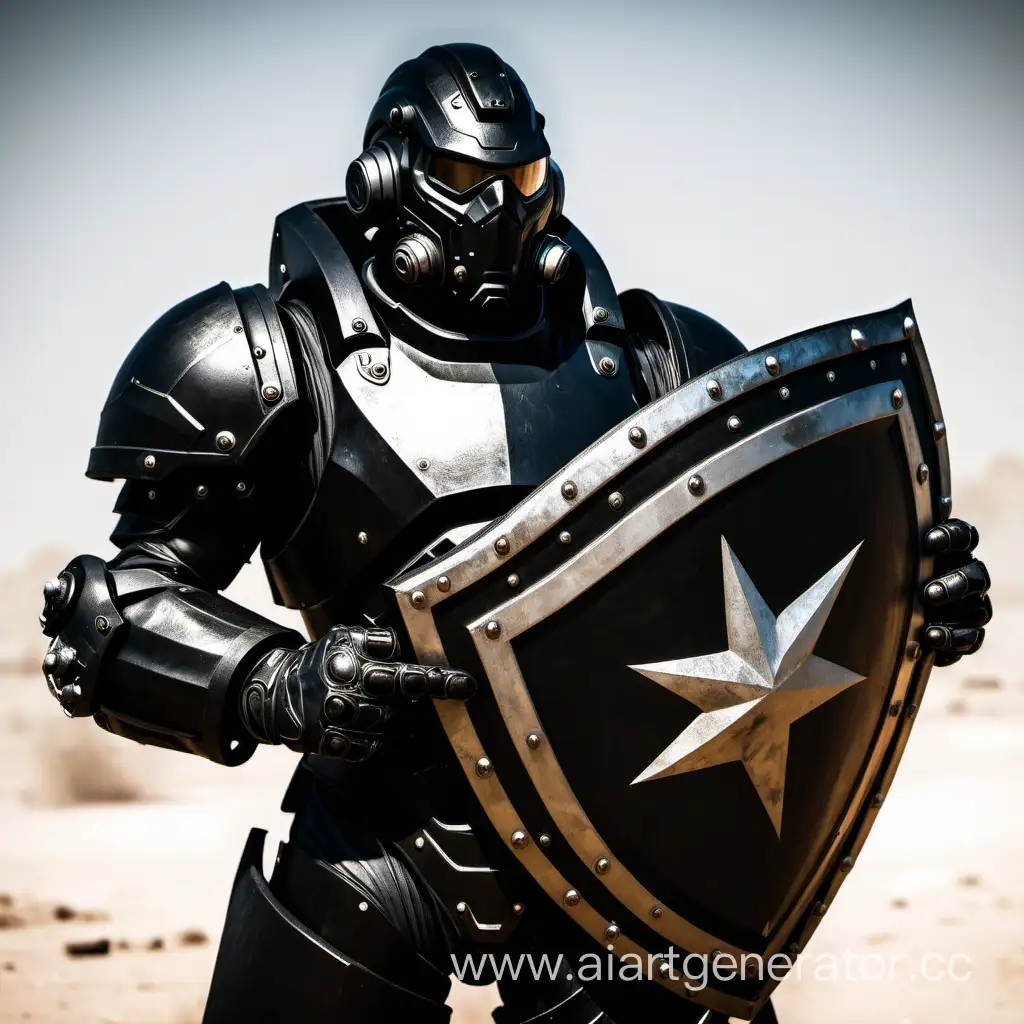 Военный в черной силовой броне с щитом в руке