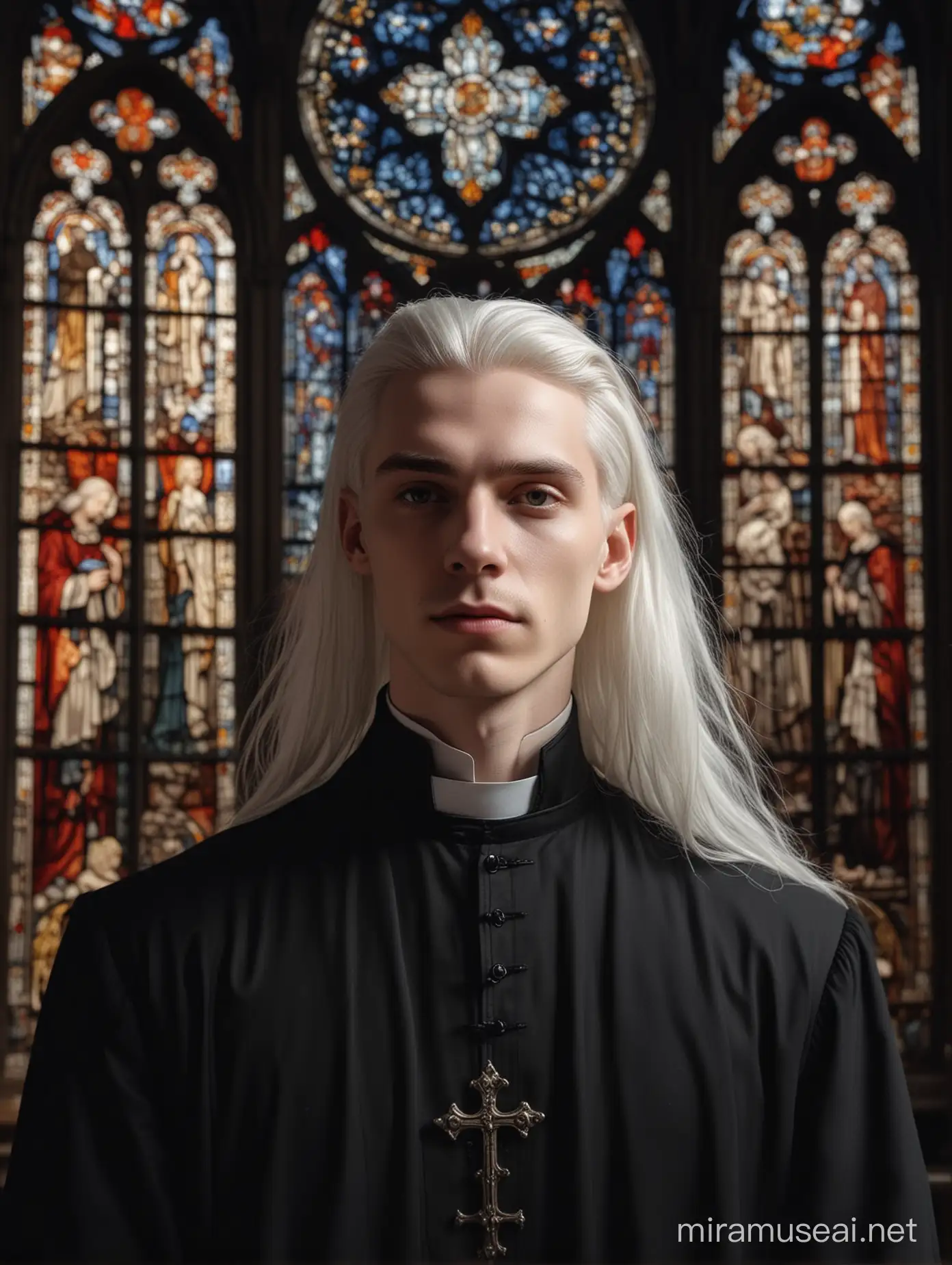  young man pale skin face is clean  full face angle shaven priest with very long white hair dressed in a black cassock against the background of a night Gothic room with large stained glass windows romance fantasy style photorealism cinematic 8K quality high detail pictures full face portrait waist-length portrait full face angle