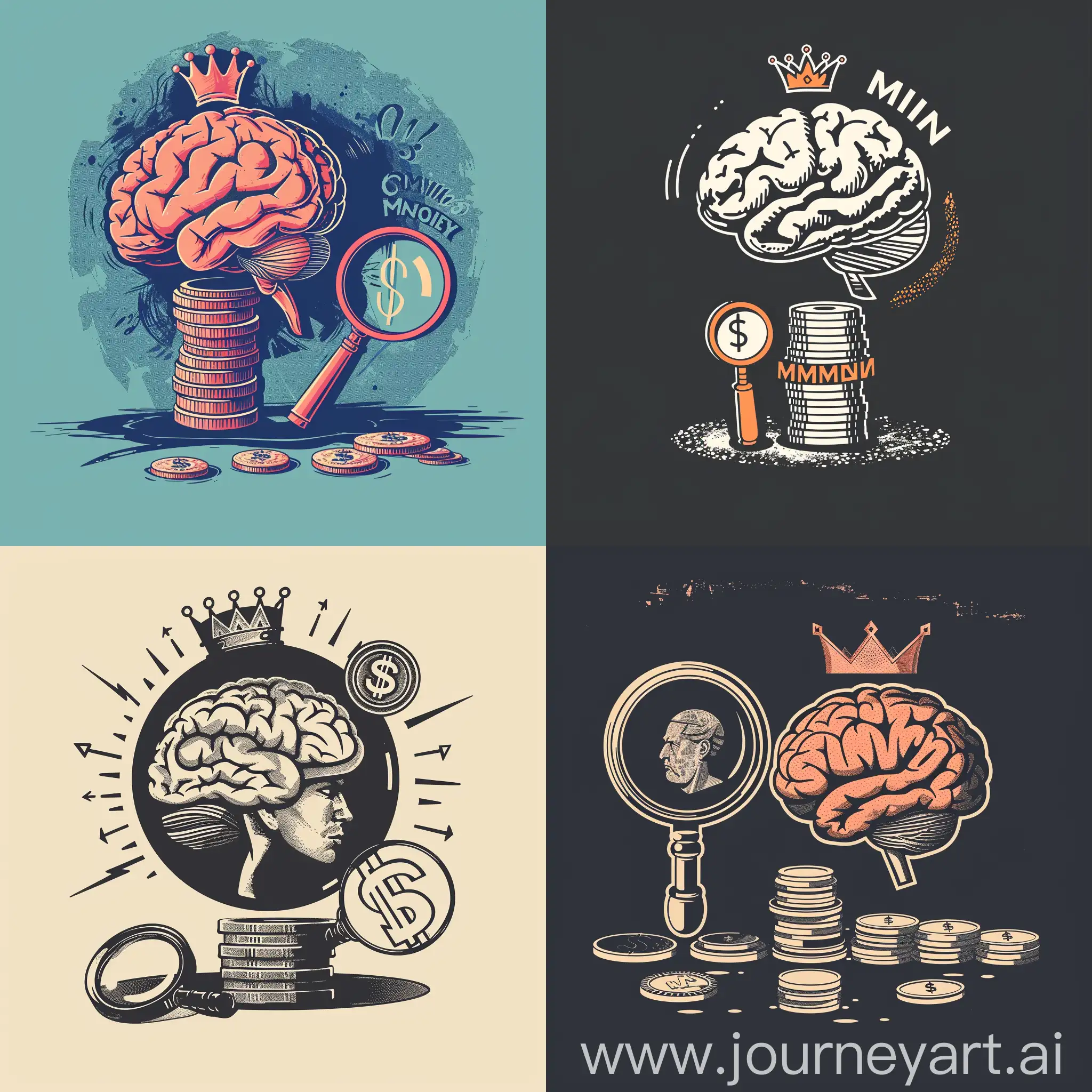 a stylized combination of a brain (representing the "Mind" aspect), a stack of coins or dollar signs (representing "Money"), and perhaps a subtle visual cue like a magnifying glass or a crown (representing "Maven" or expertise). This combination symbolizes intelligence, financial savvy, and mastery in managing money. The font choice should be clean and modern to convey professionalism.