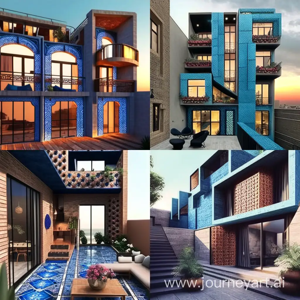 design a exterior modern apartment mixed with persian architecture style with bricks and persian blue ceramics in details material in future cities