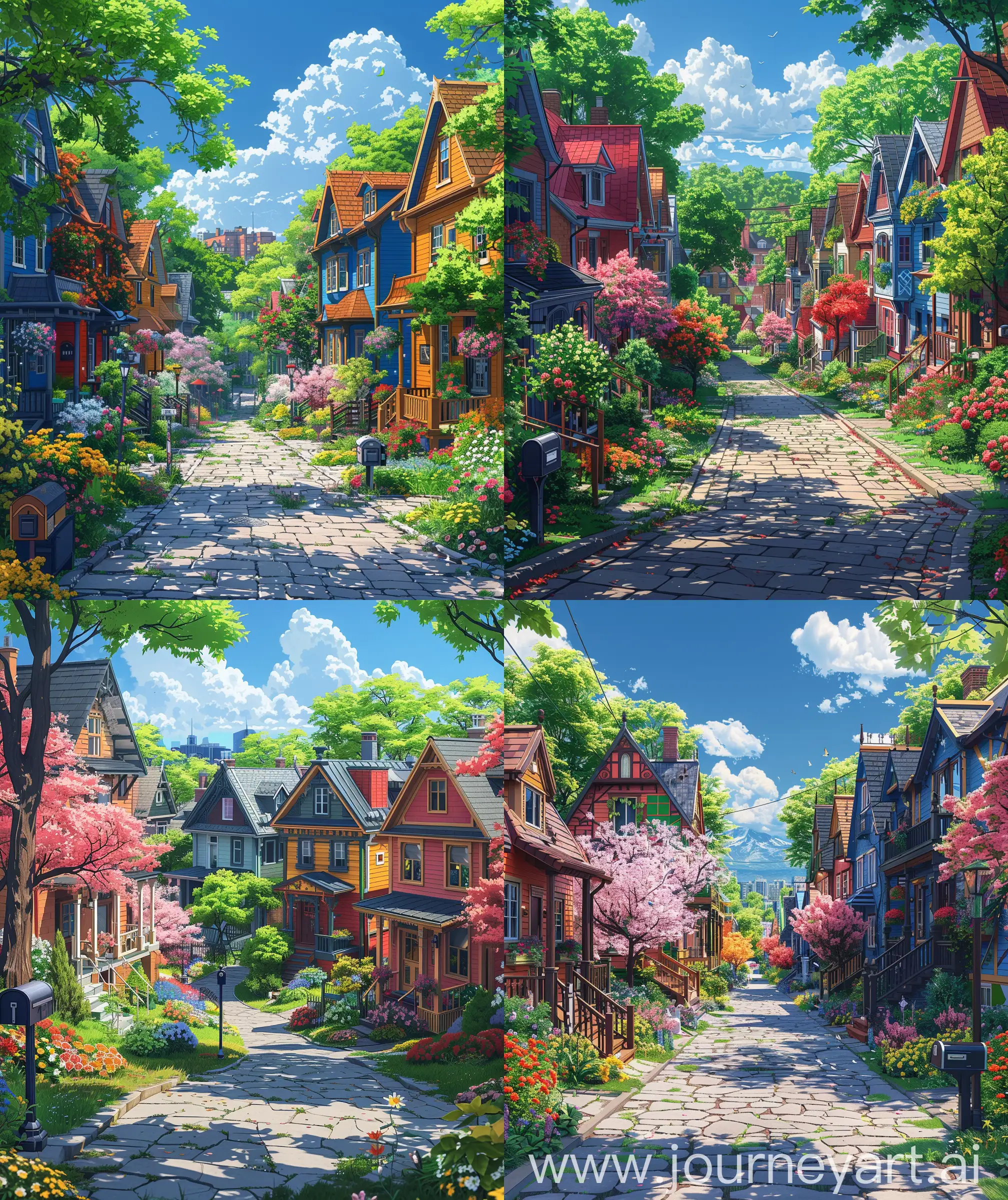 Anime scenary, illustration, direct front facade, anime style montreal suburban colorful houses across street, colorful flower brushes, flower tree around, mail box, stone pavement leading the houses, colorful and vibrant, day time, summer time view, breeze, illustration, anime scenary , ultra HD, high quality, sharp details, no blurry image, no hyperrealistic --ar 27:32 --s 600