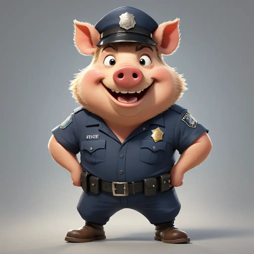 a happy Hog in cartoon style in full body in Police clothes with clear background