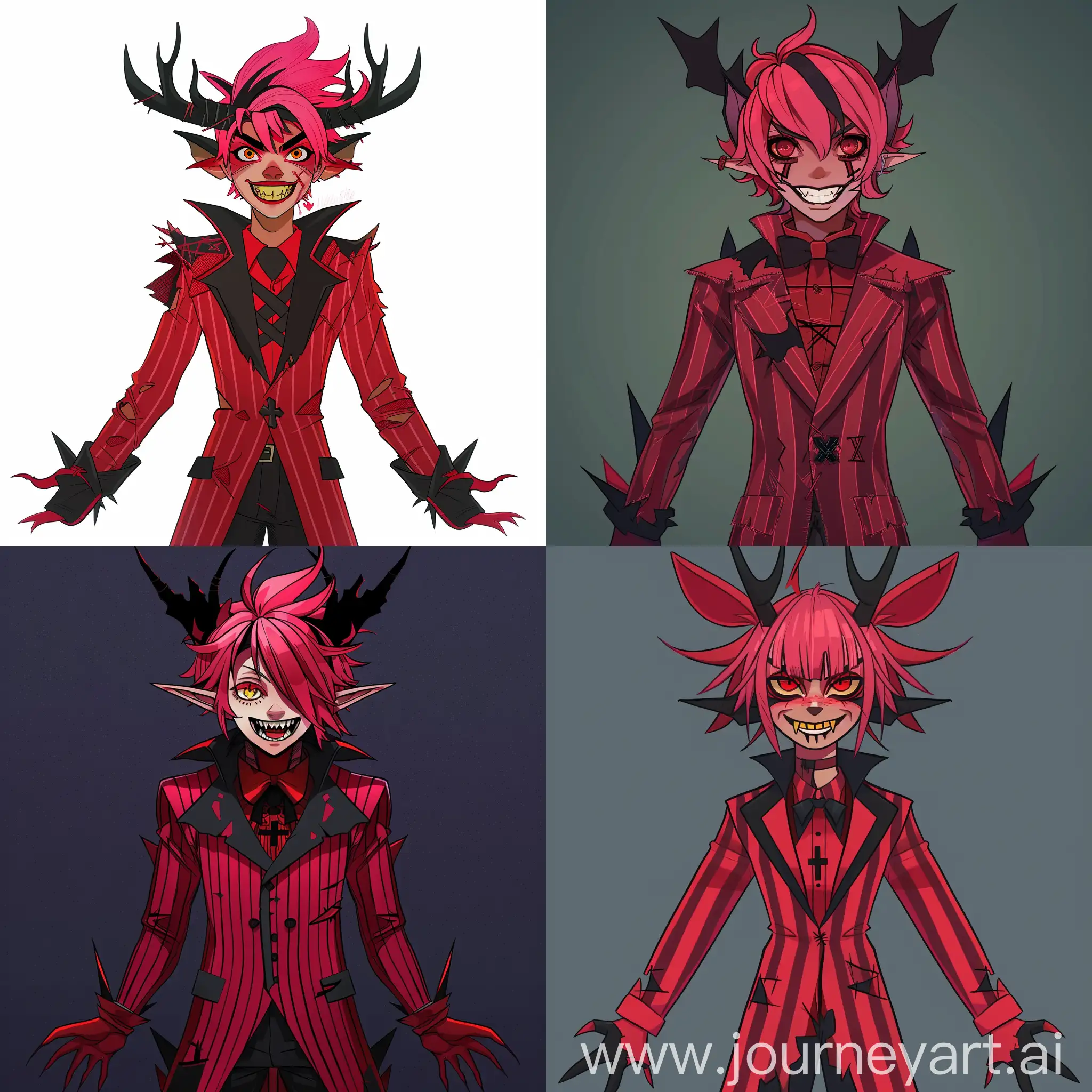 Alastor-the-Demon-with-PinkishRed-Hair-and-Sharp-Yellow-Teeth-in-Vivziepop-Style
