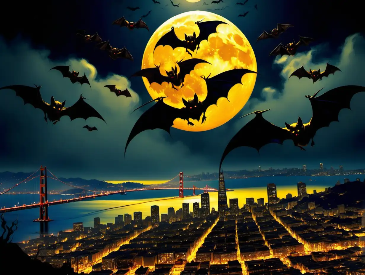 Nocturnal Vampire Bats Soaring Over San Francisco Under a Luminous Yellow Moon A Frank Frazetta Tribute
