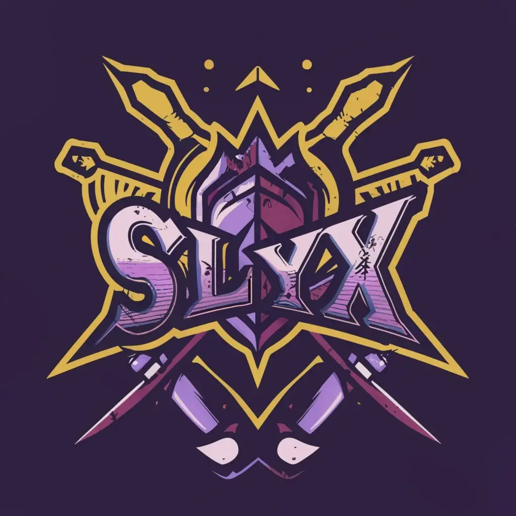 a logo design,with the text "Slyx", main symbol:"purple mask text"SLYX" is under the mask 
with 2 purple swords boarded in background",complex,clear background